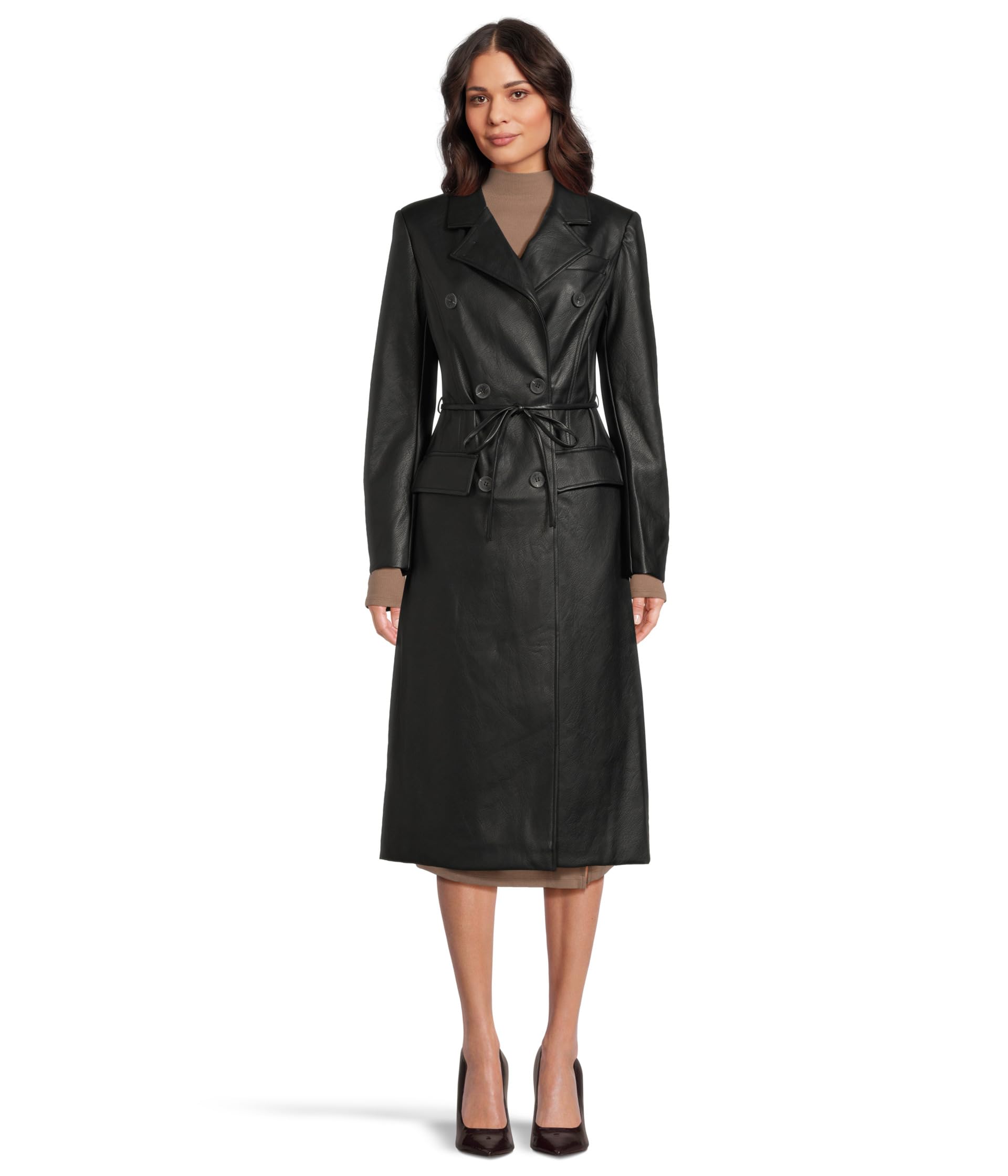 Belted Faux Leather Trench Coat