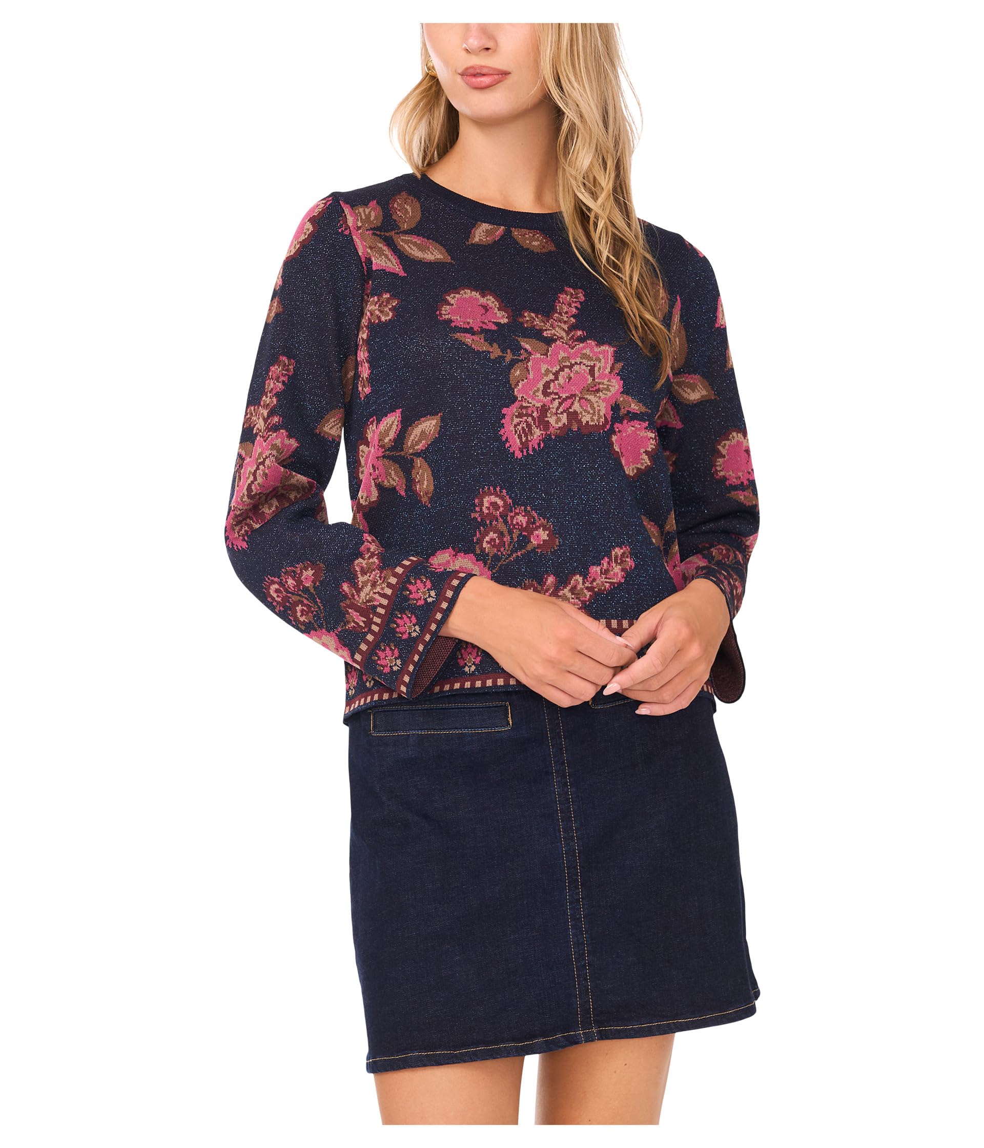 Floral Jacquard Long Sleeve Crew