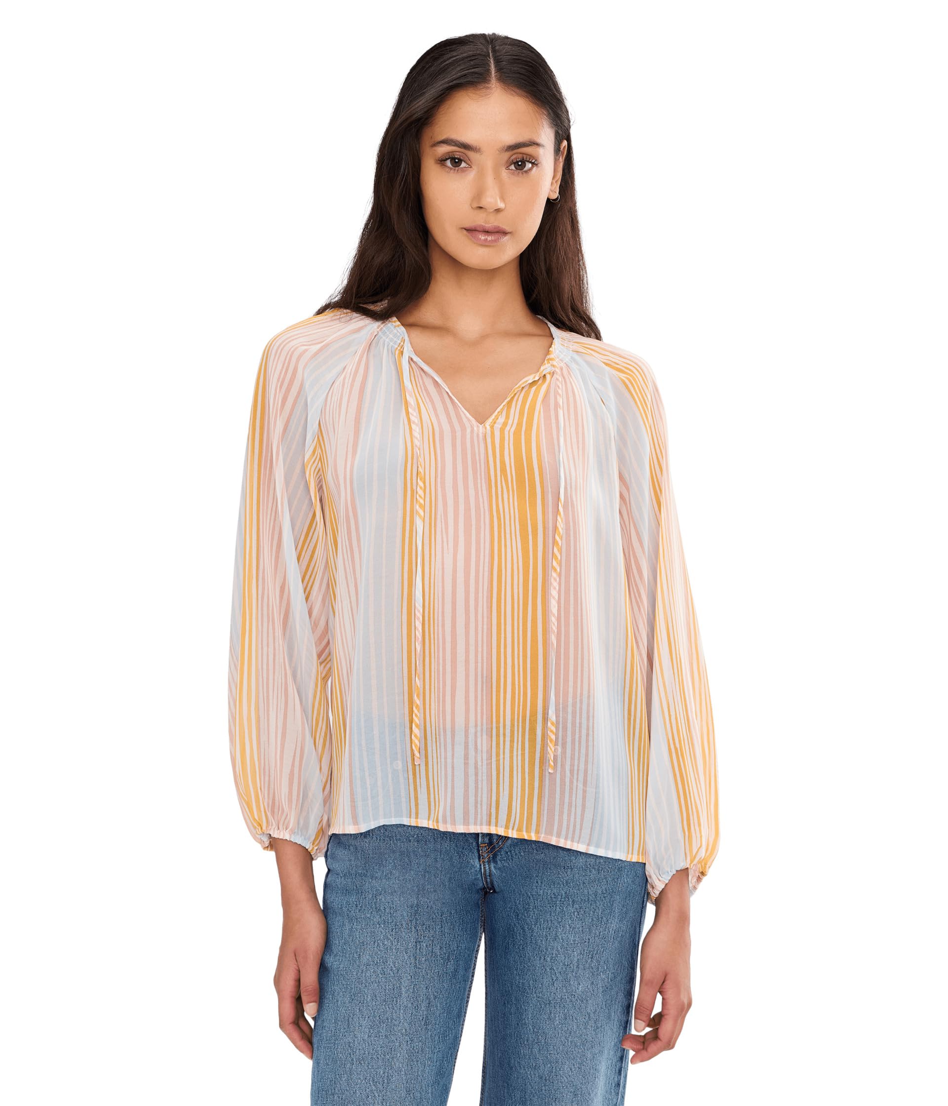 Tie Neck Shirring Long Sleeve