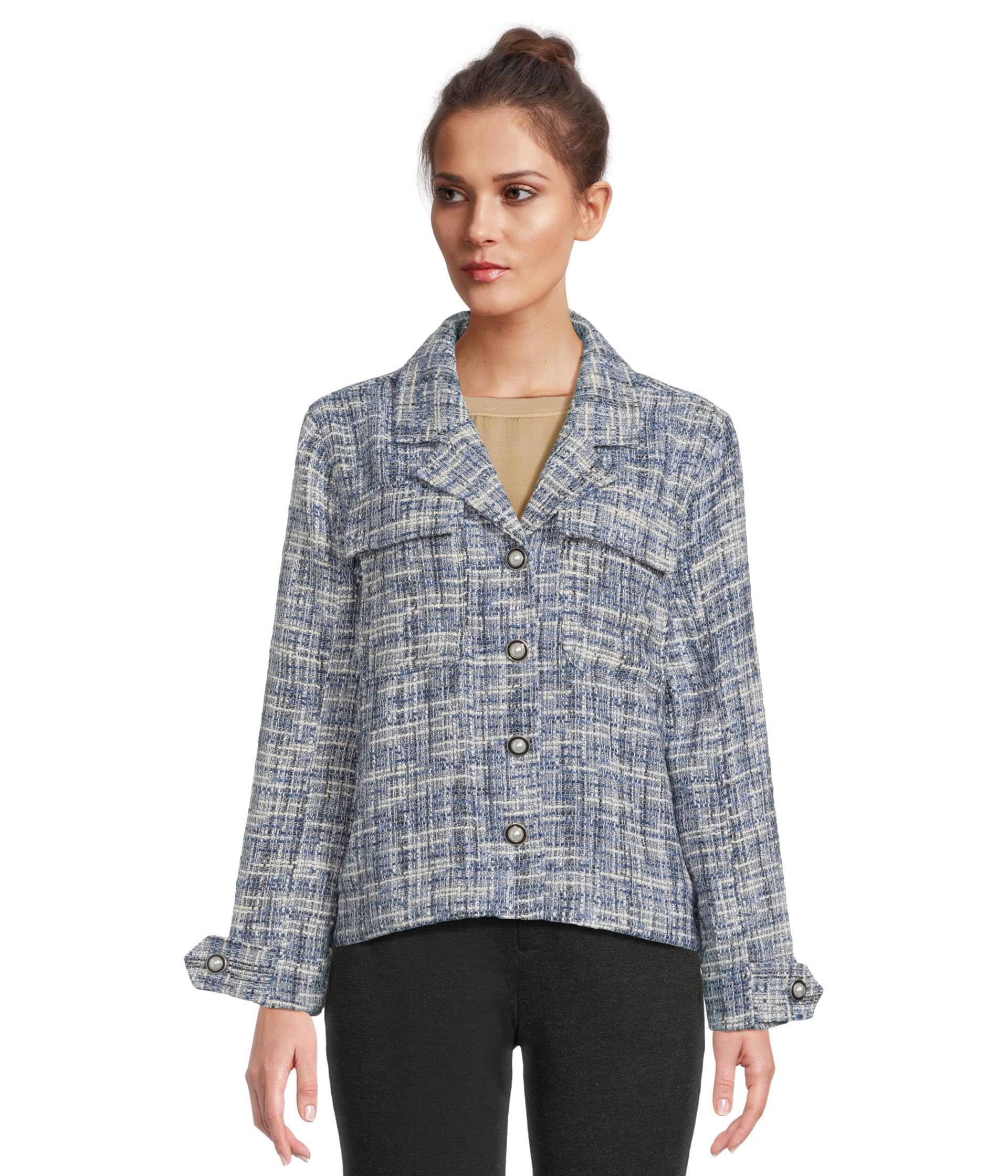 Button Front Woven Boucle Boxy Shacket
