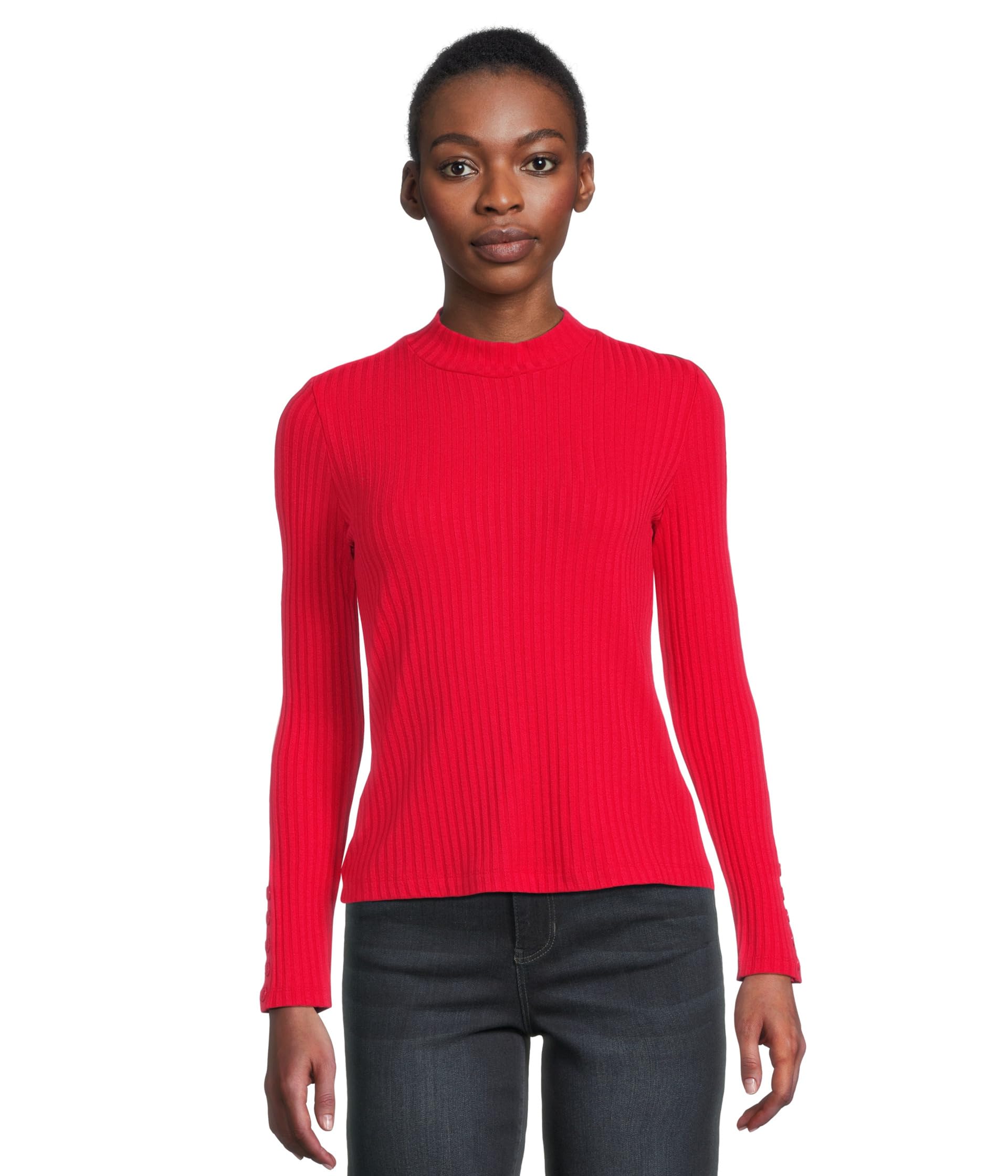 Long Sleeve Mock Neck Knit Top With Button Detail