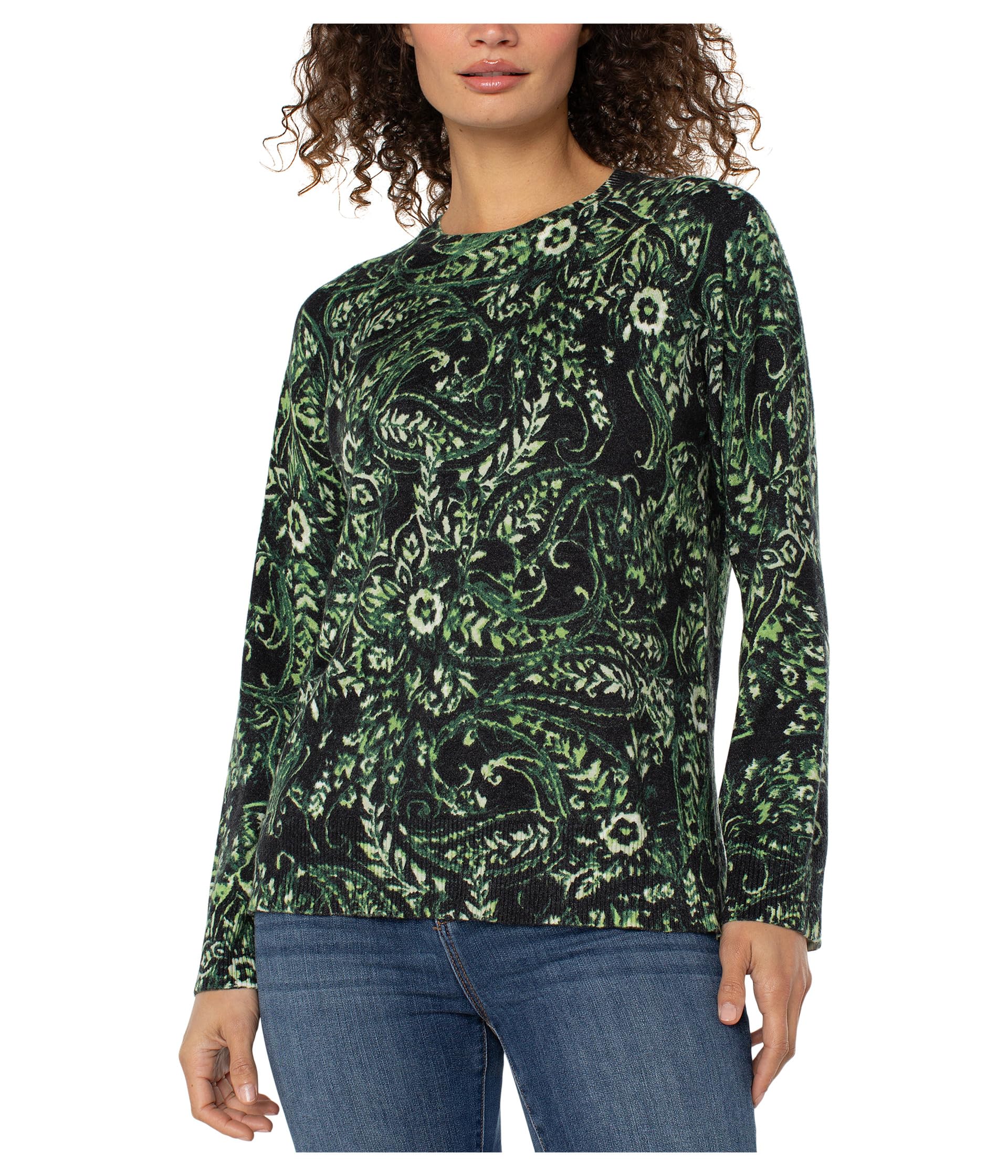 Long Sleeve Printed Raglan Sweater W/ Side Slit