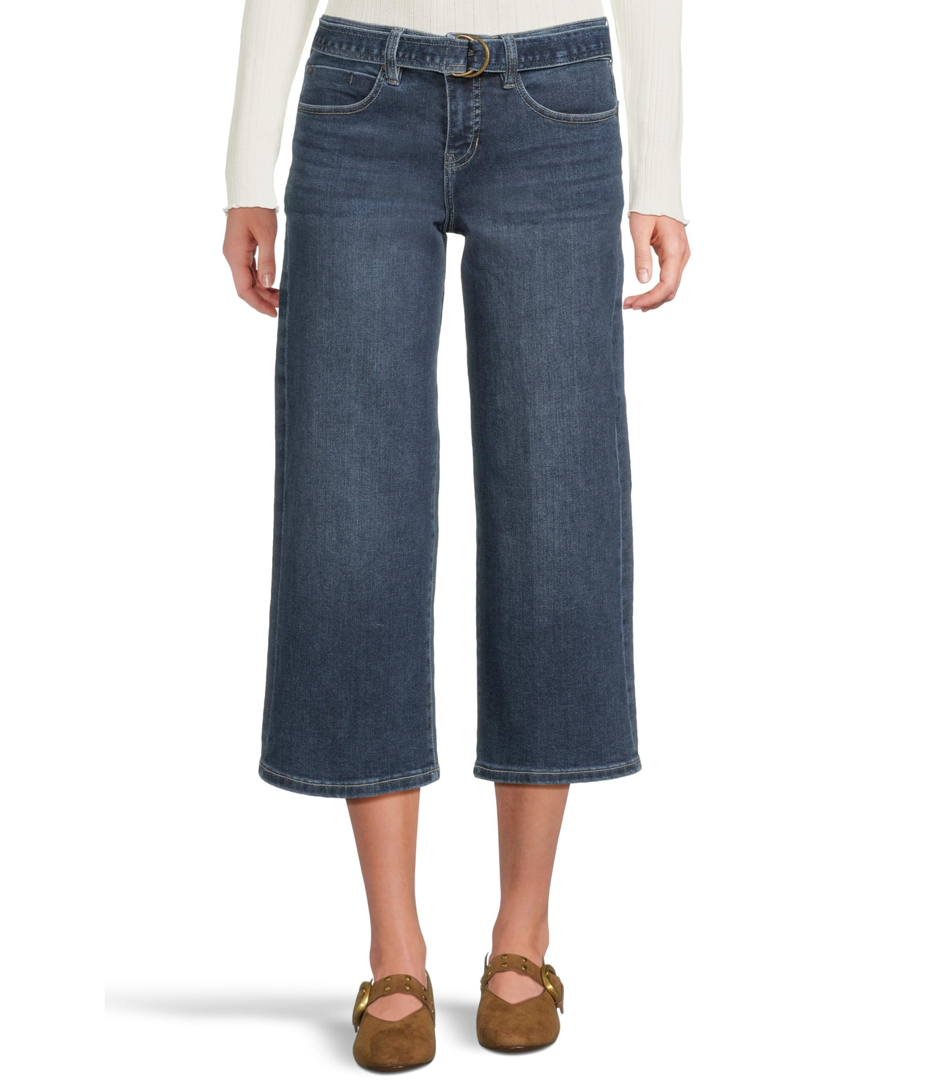Petite Mid-Rise Belted Crop Wide Leg Jeans 25"