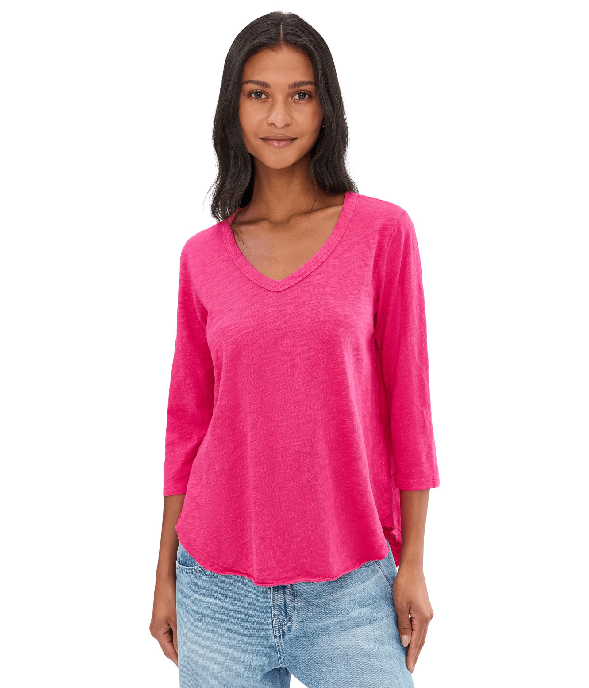 3/4 Sleeve V-Neck Curved Hem Tee Shirt