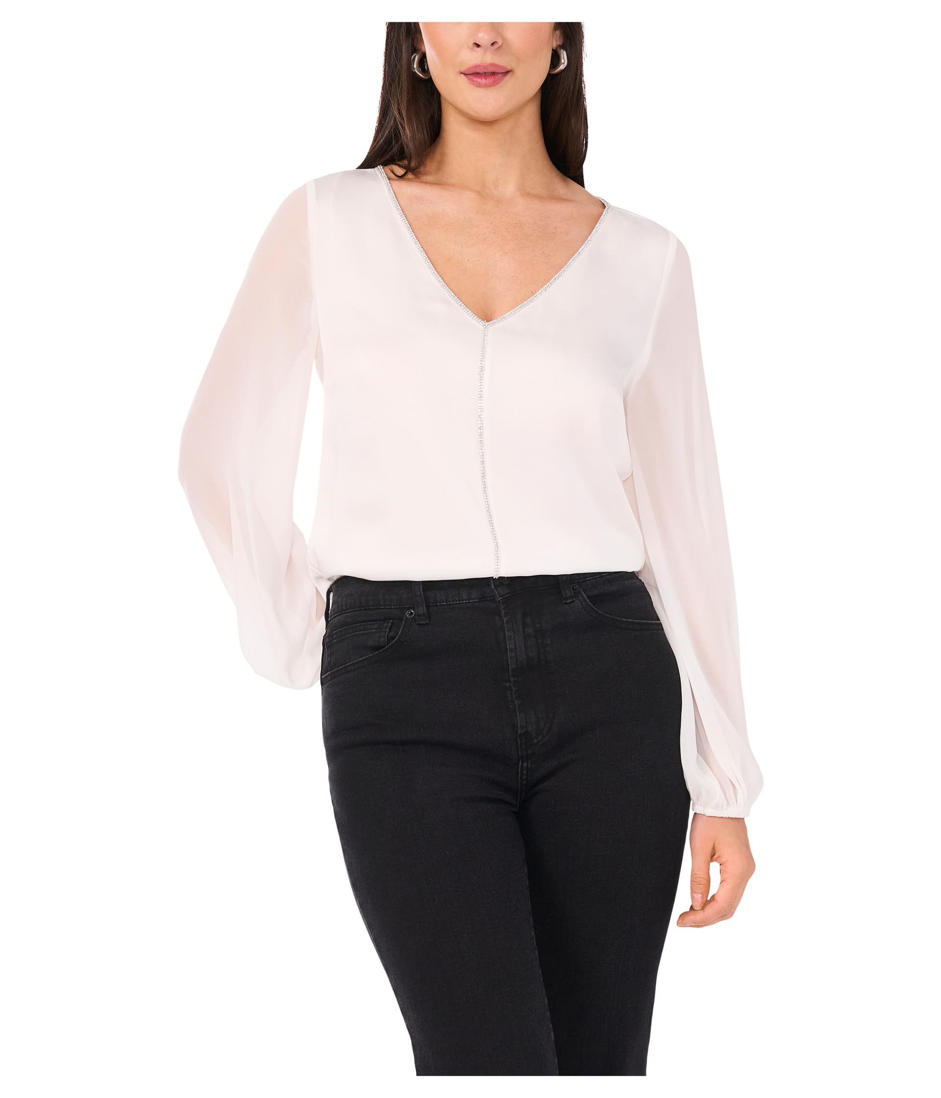 V-Neck Chiffon Sleeve Blouse w/ Rhinestone Trim