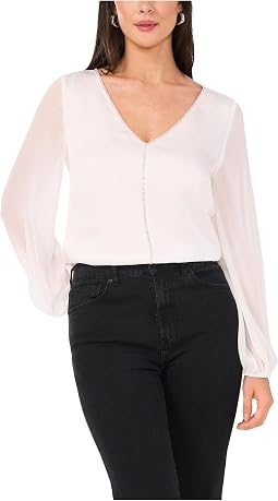 V-Neck Chiffon Sleeve Blouse w/ Rhinestone Trim
