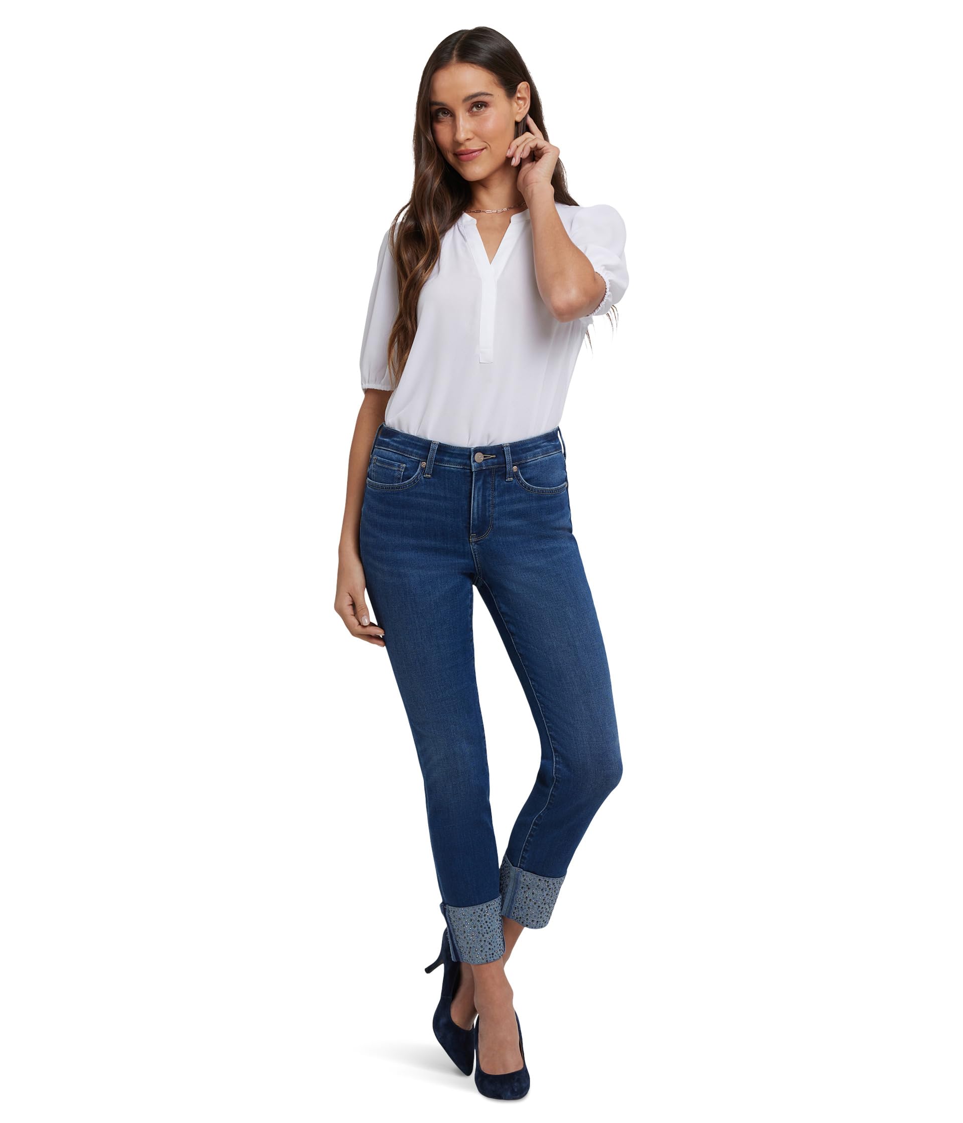 Sheri Slim Ankle Rhinestone Cuff Jeans in Vintage Lapis