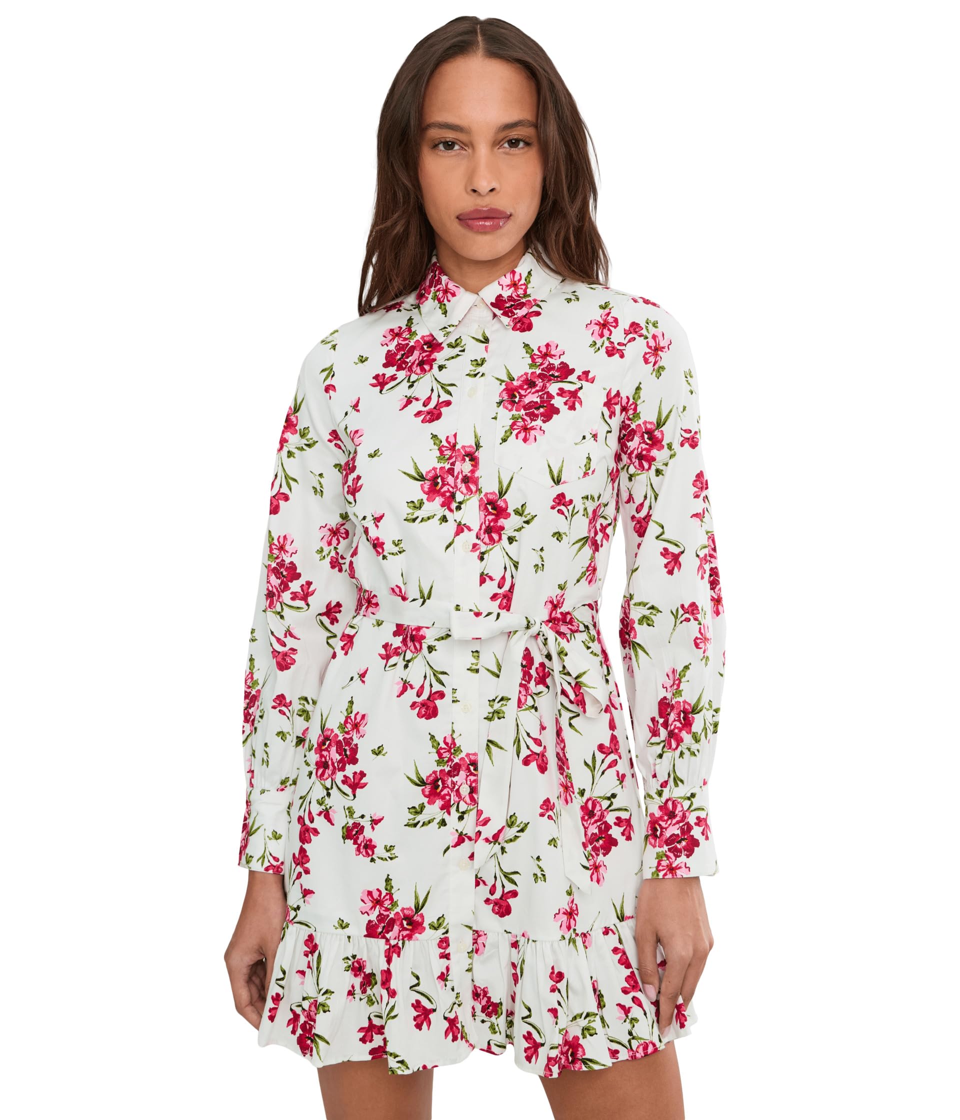 Collared Button Down Long Sleeve Ruffle Mini Dress