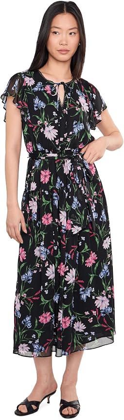 Ruffle Short Sleeve Keyhole Tie Waist Midi Dress