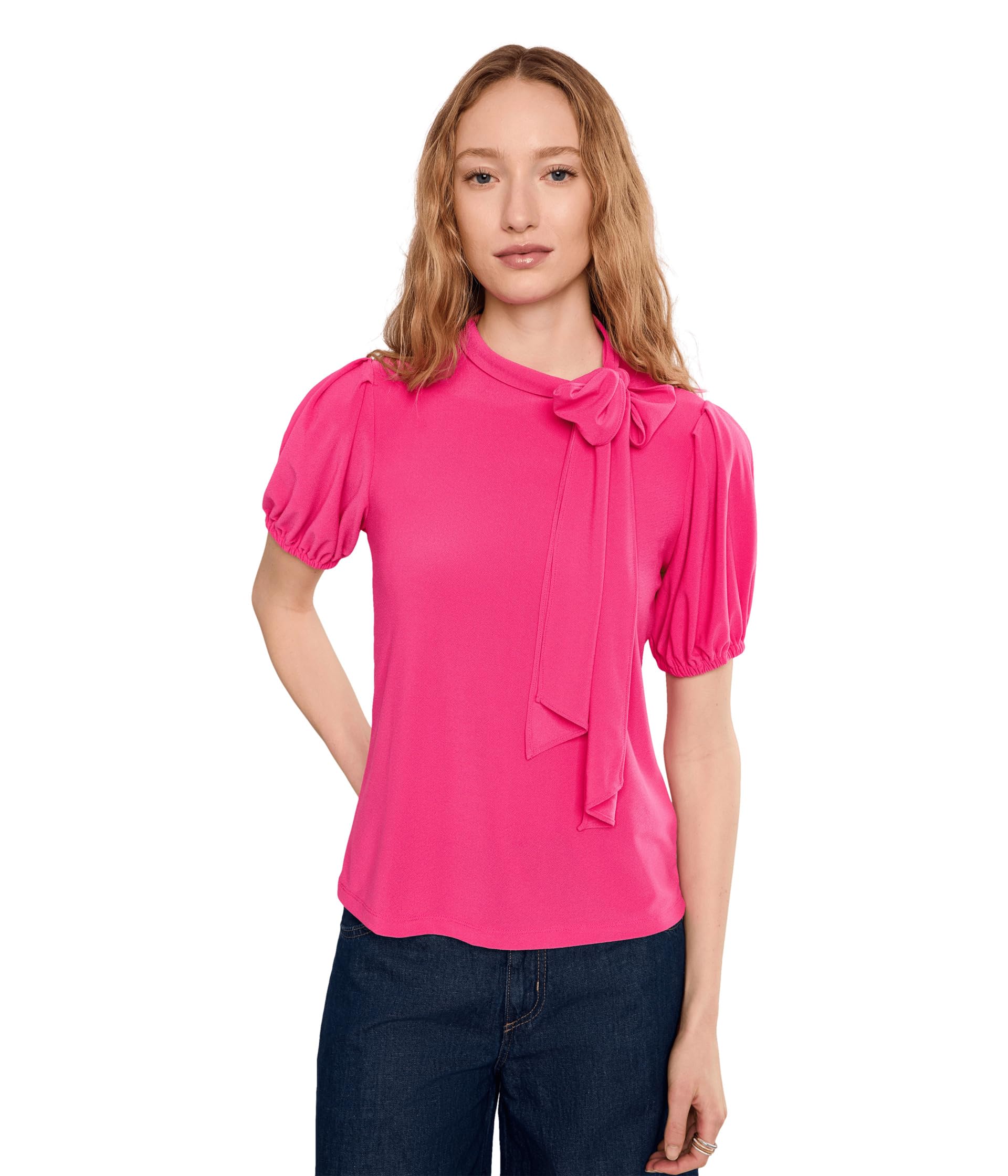 Short Sleeve Tie Neck Bow Knit Top