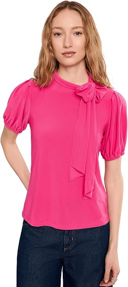 Short Sleeve Tie Neck Bow Knit Top