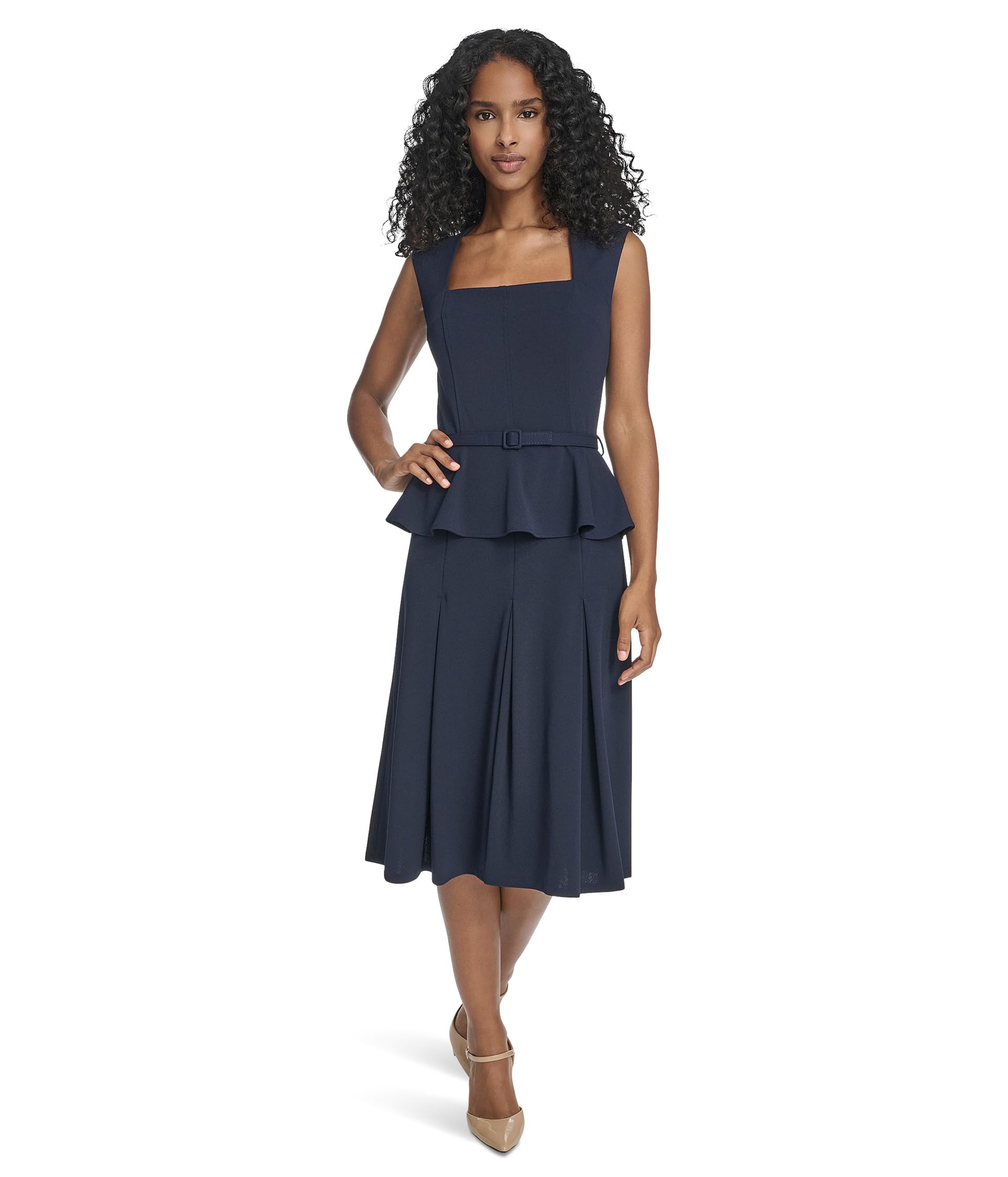 Short Sleeve Scuba Crepe Belted Peplum Aline