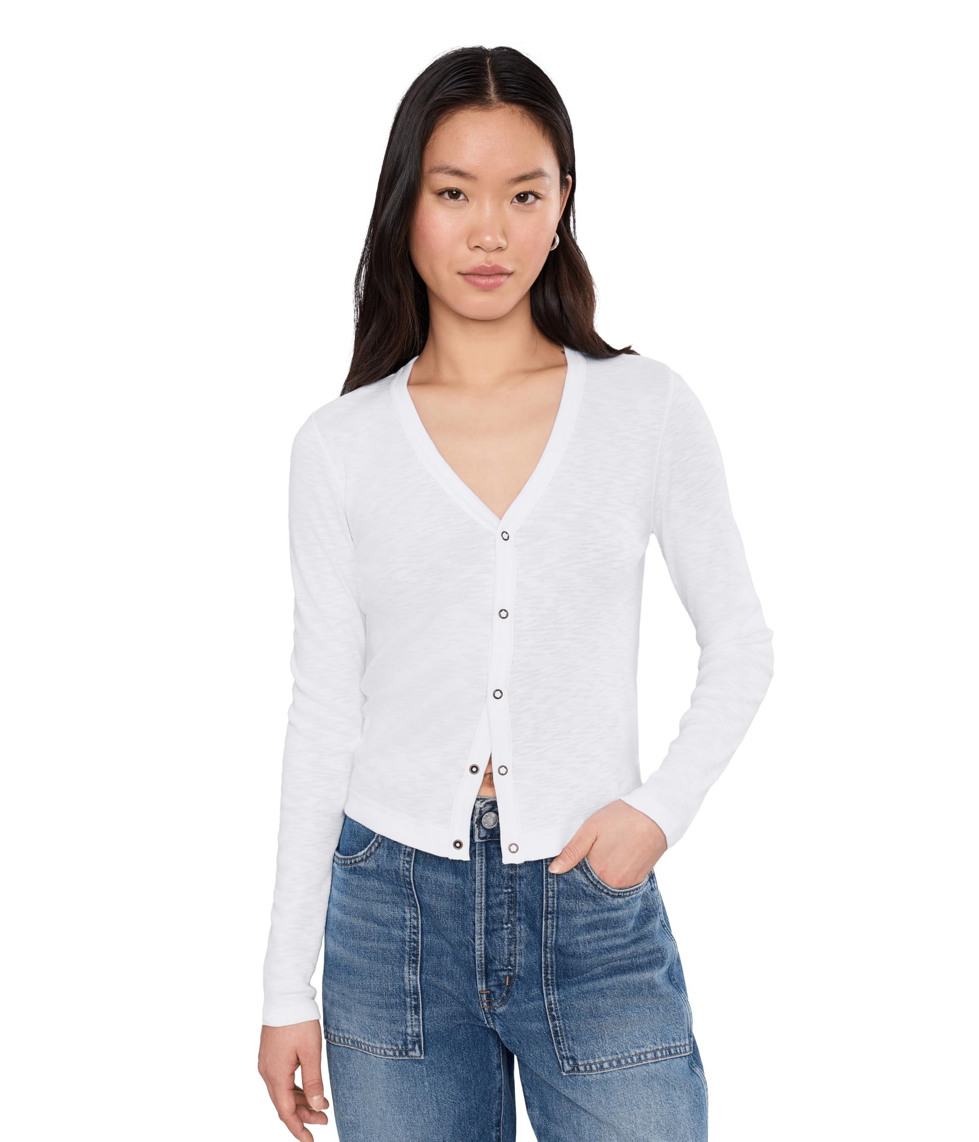 Lilla P Ribbed Slub Snap V-Neck топ женский