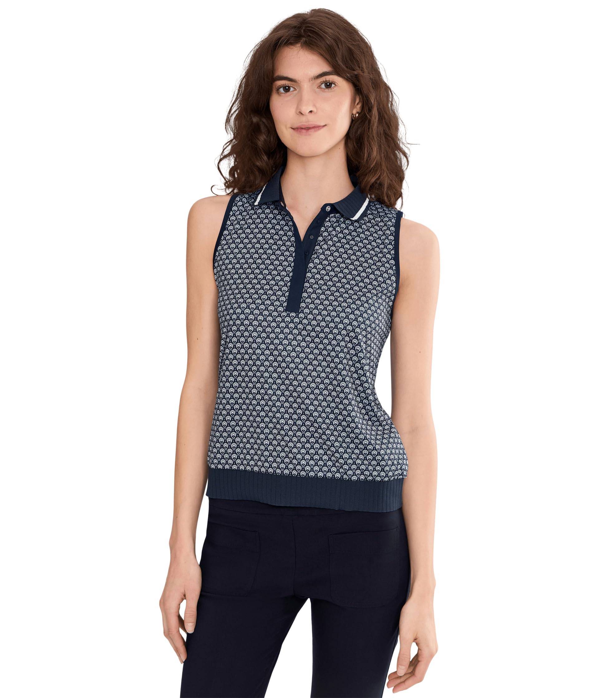 Sleeveless Scarf Geo Print Rib Collar Polo