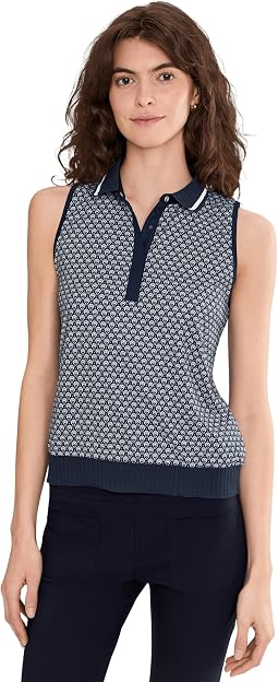 Sleeveless Scarf Geo Print Rib Collar Polo