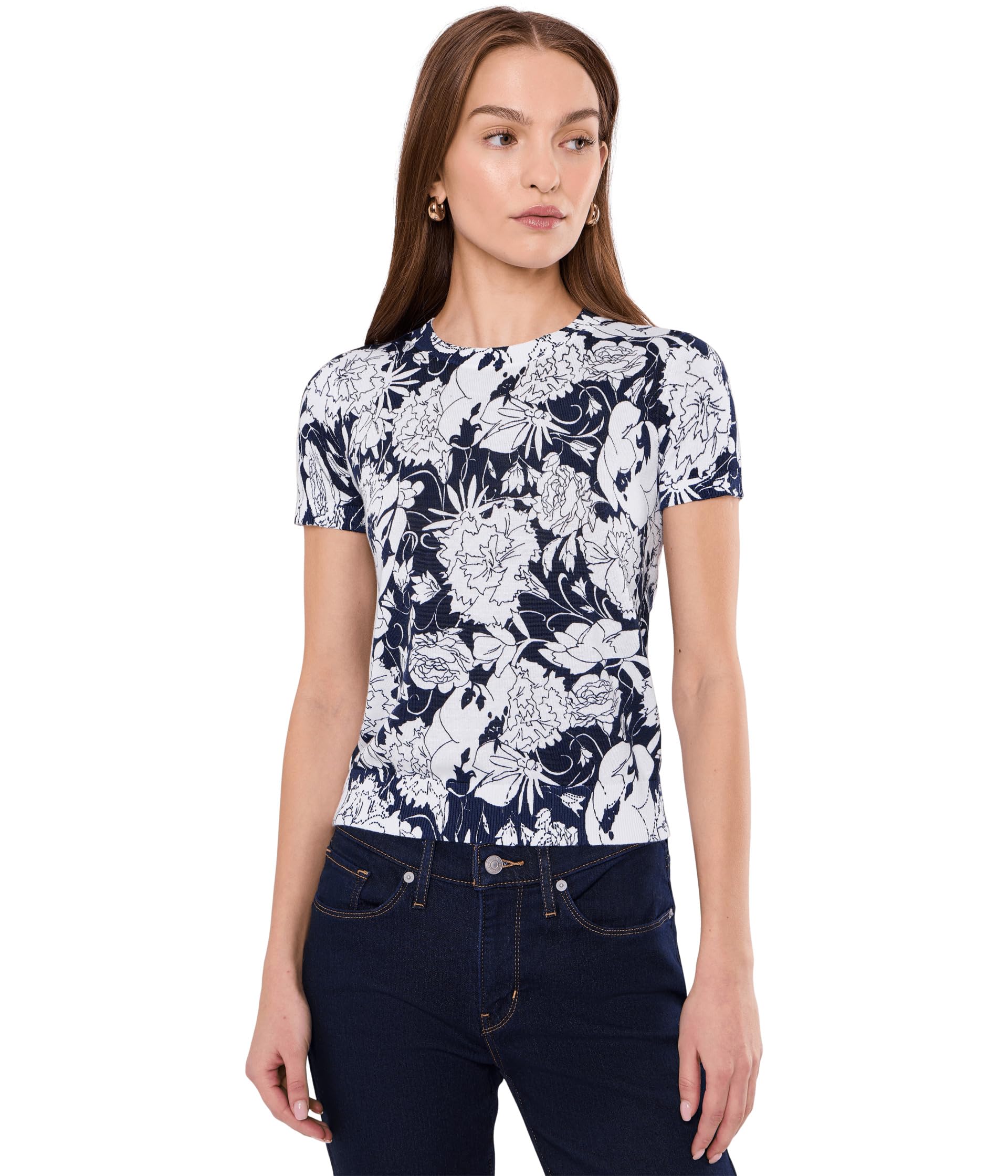 Floral Cotton-Blend Short Sleeve Sweater