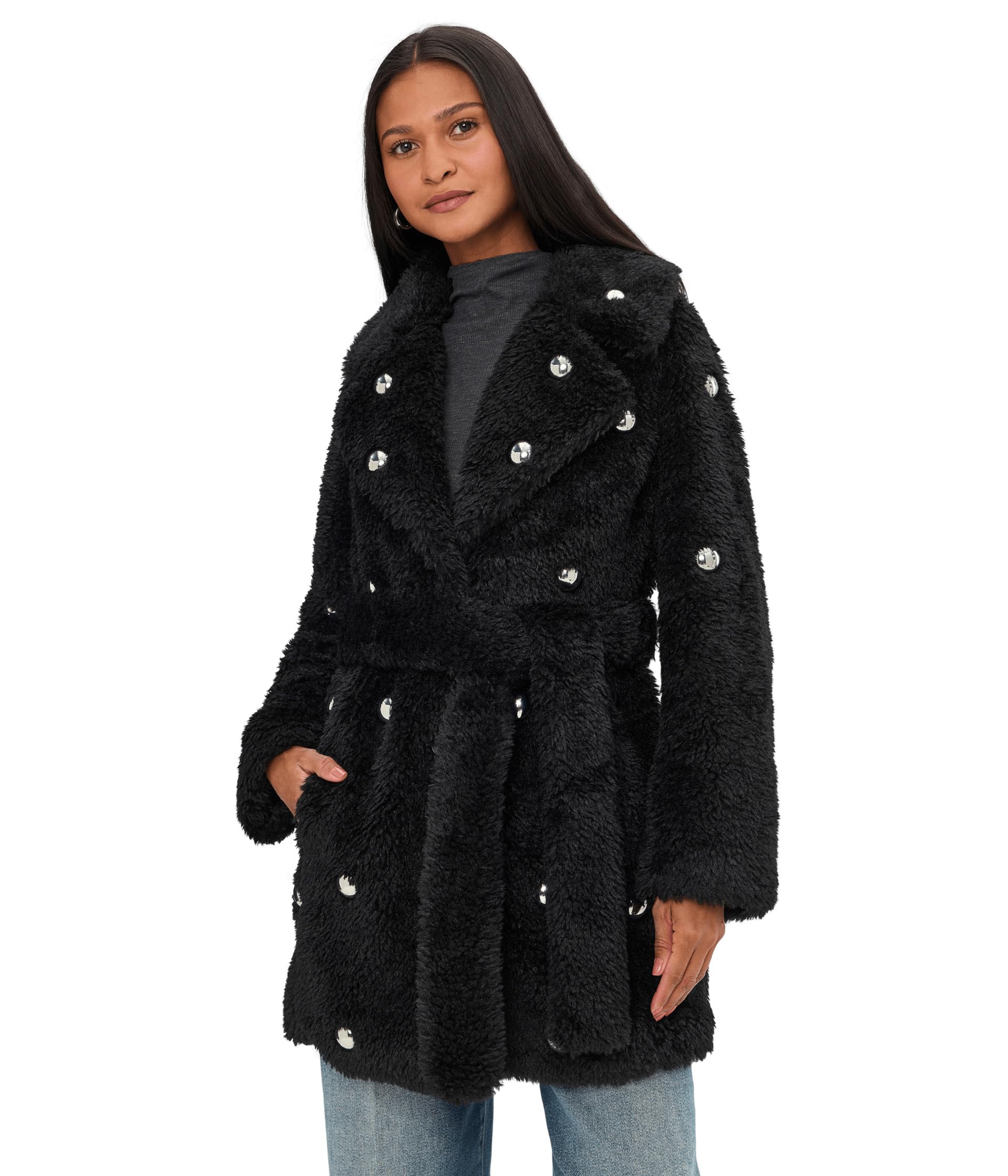 Embellished Faux Fur Belted Coat