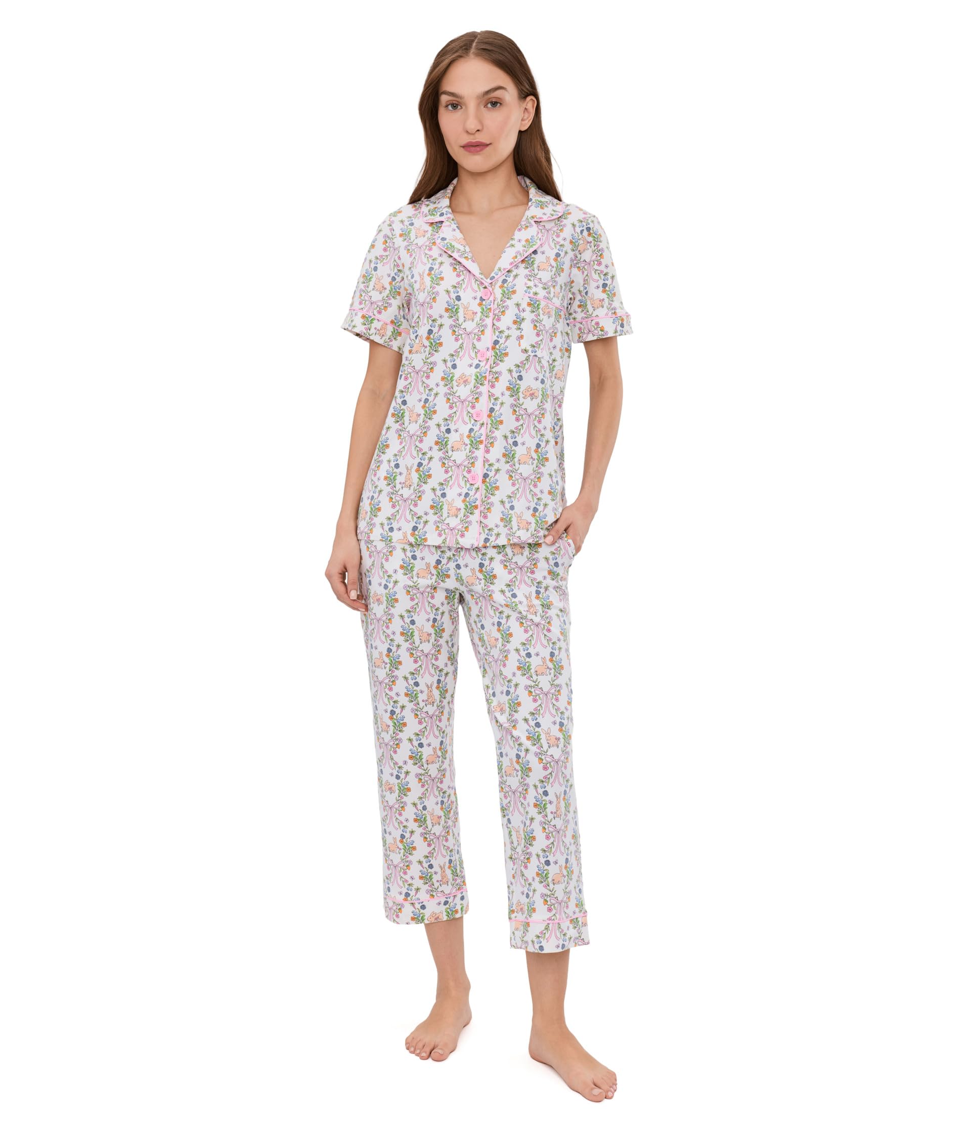 Short Sleeve Cropped Cotton Knit Pajama Set