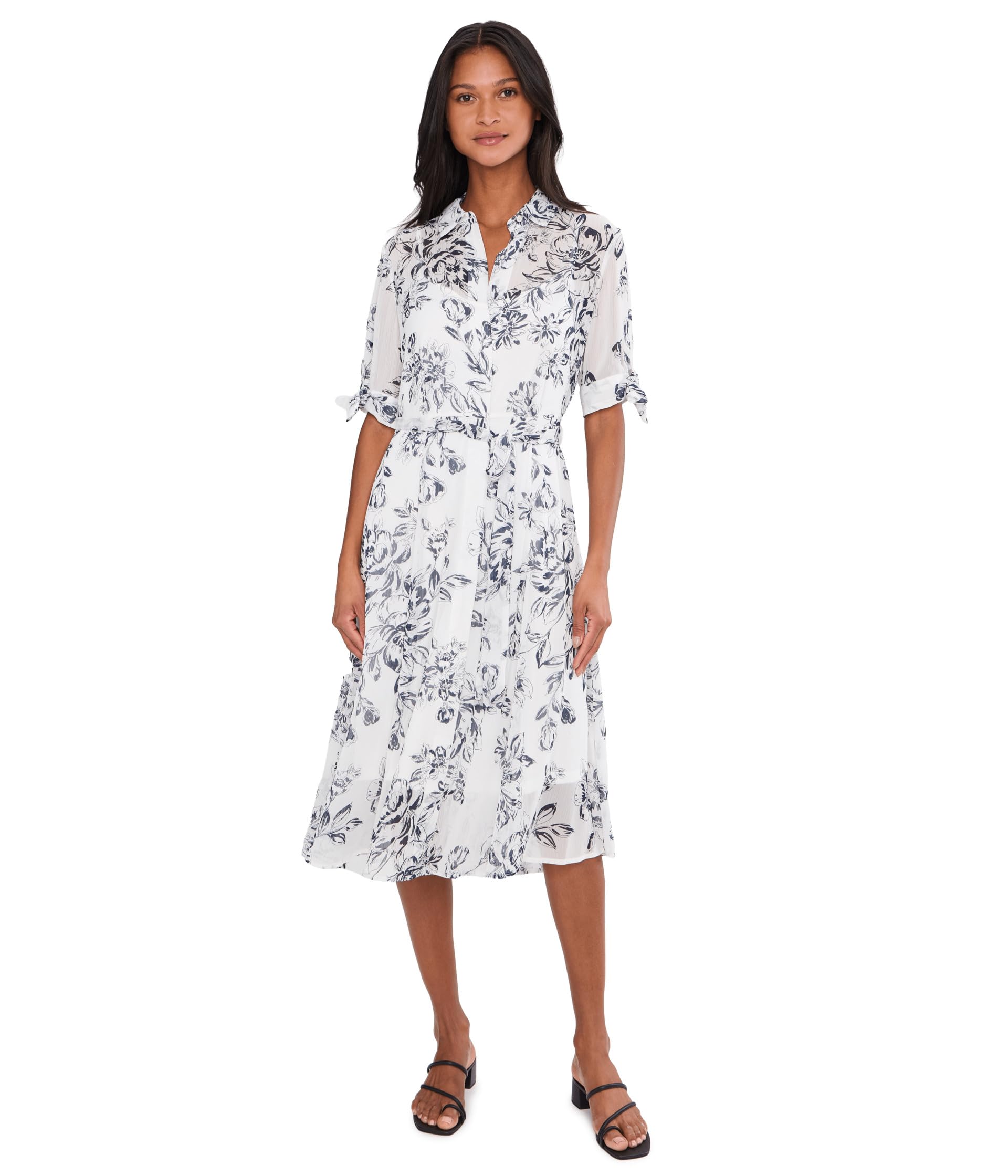 Short Sleeve Floral Chiffon Shirt Dress
