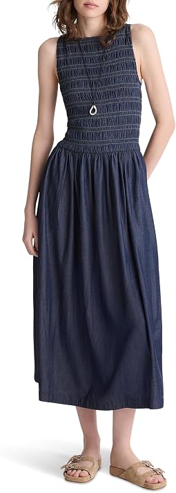 Denim Smocked Boatneck Maxi Dress