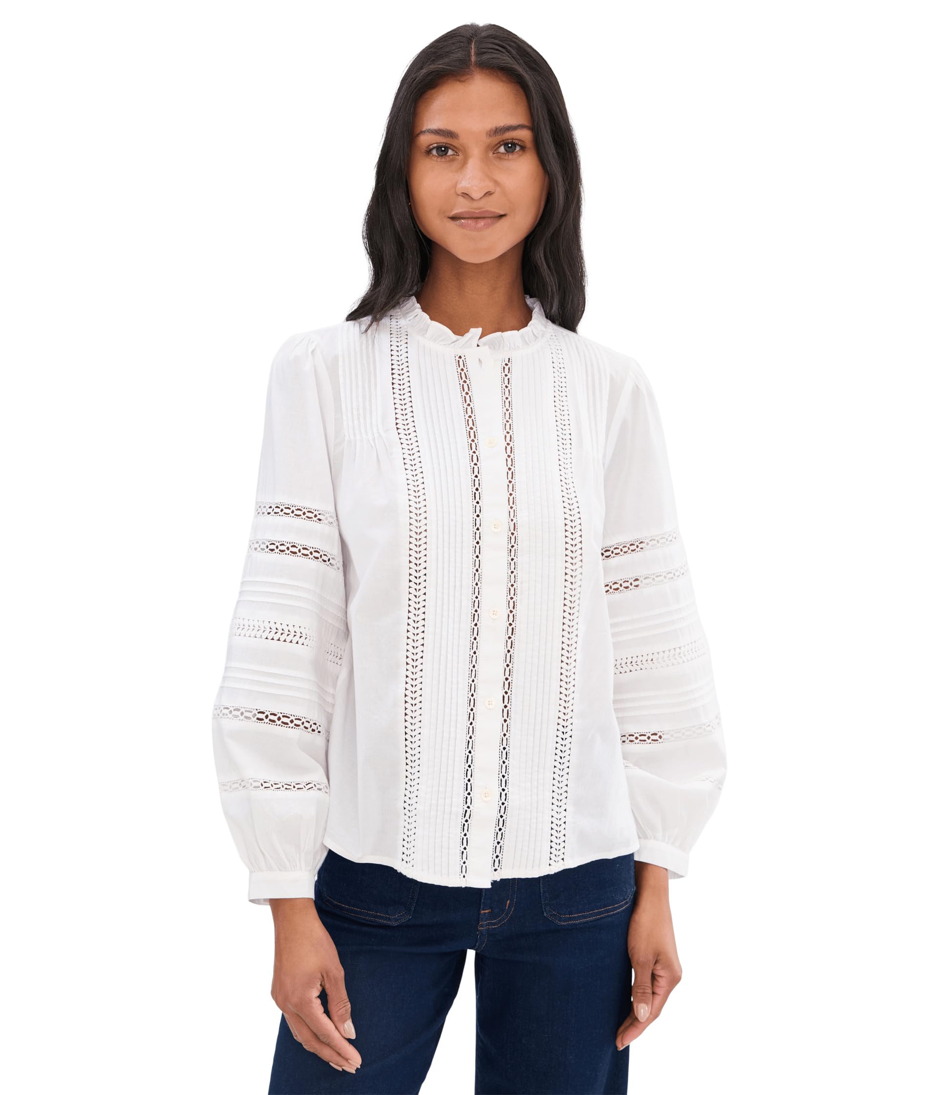 High-Neck Lace-Insert Pintuck Top