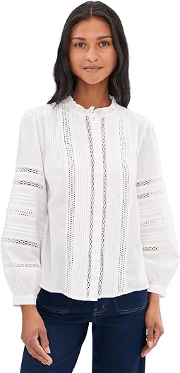 High-Neck Lace-Insert Pintuck Top