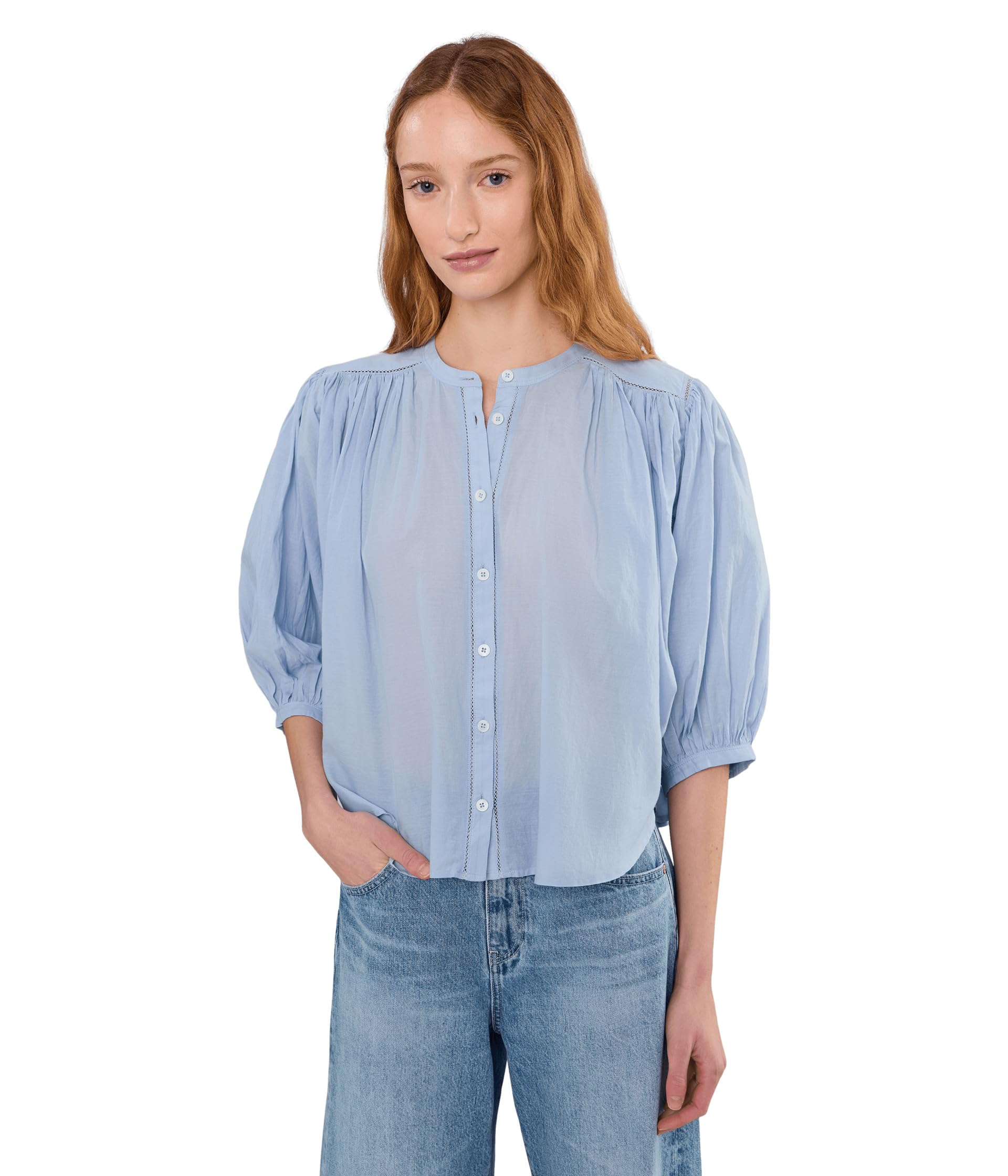 Shirred Crewneck Button-Up Top
