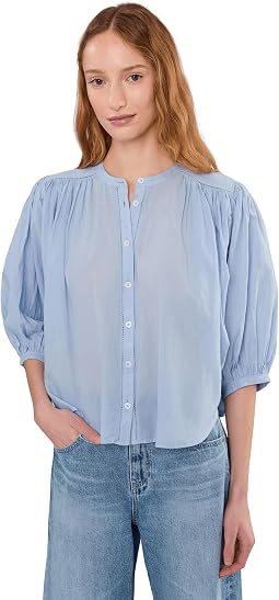 Shirred Crewneck Button-Up Top