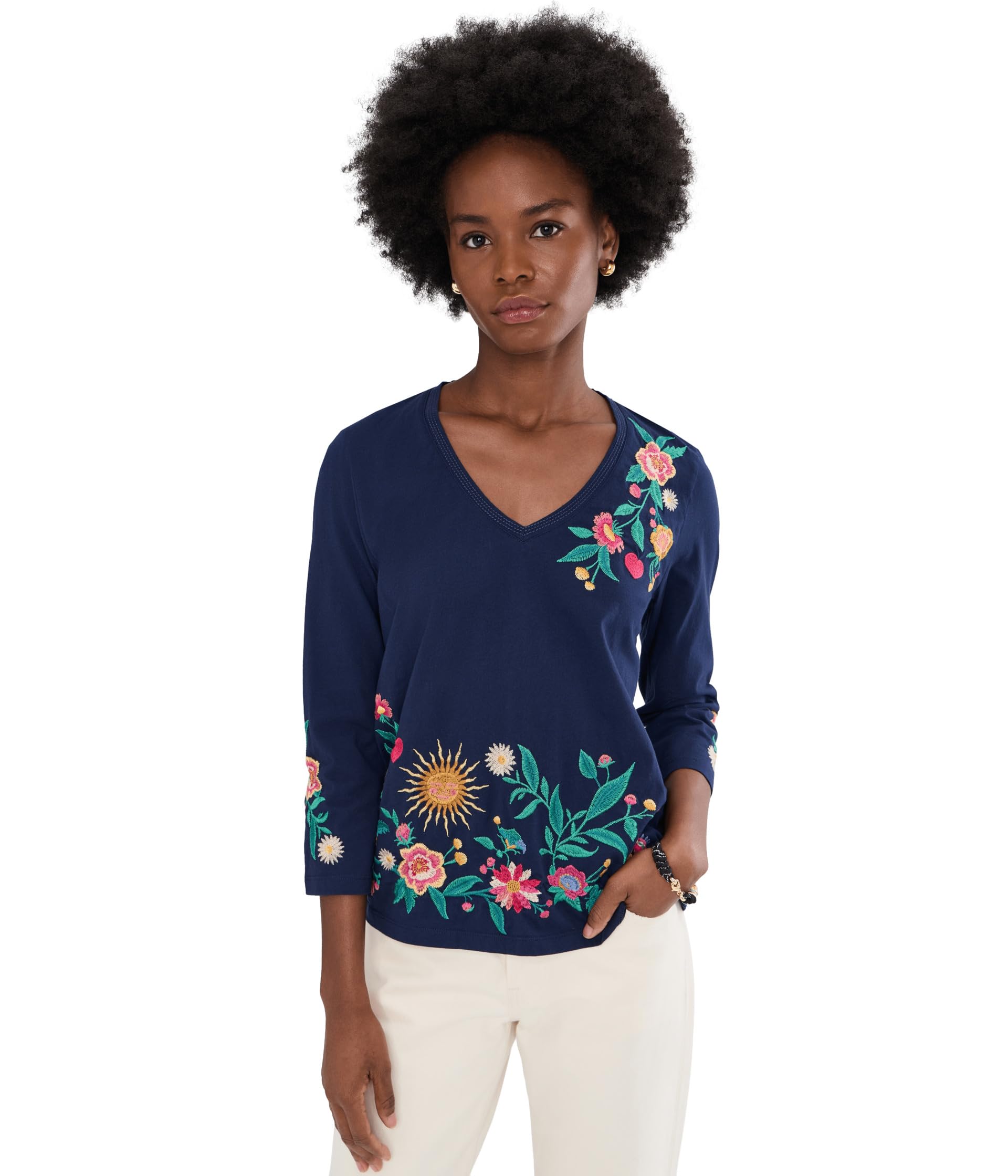 Футболка Johnny Was Ziviana 3/4 Sleeve Trapunto V-Neck
