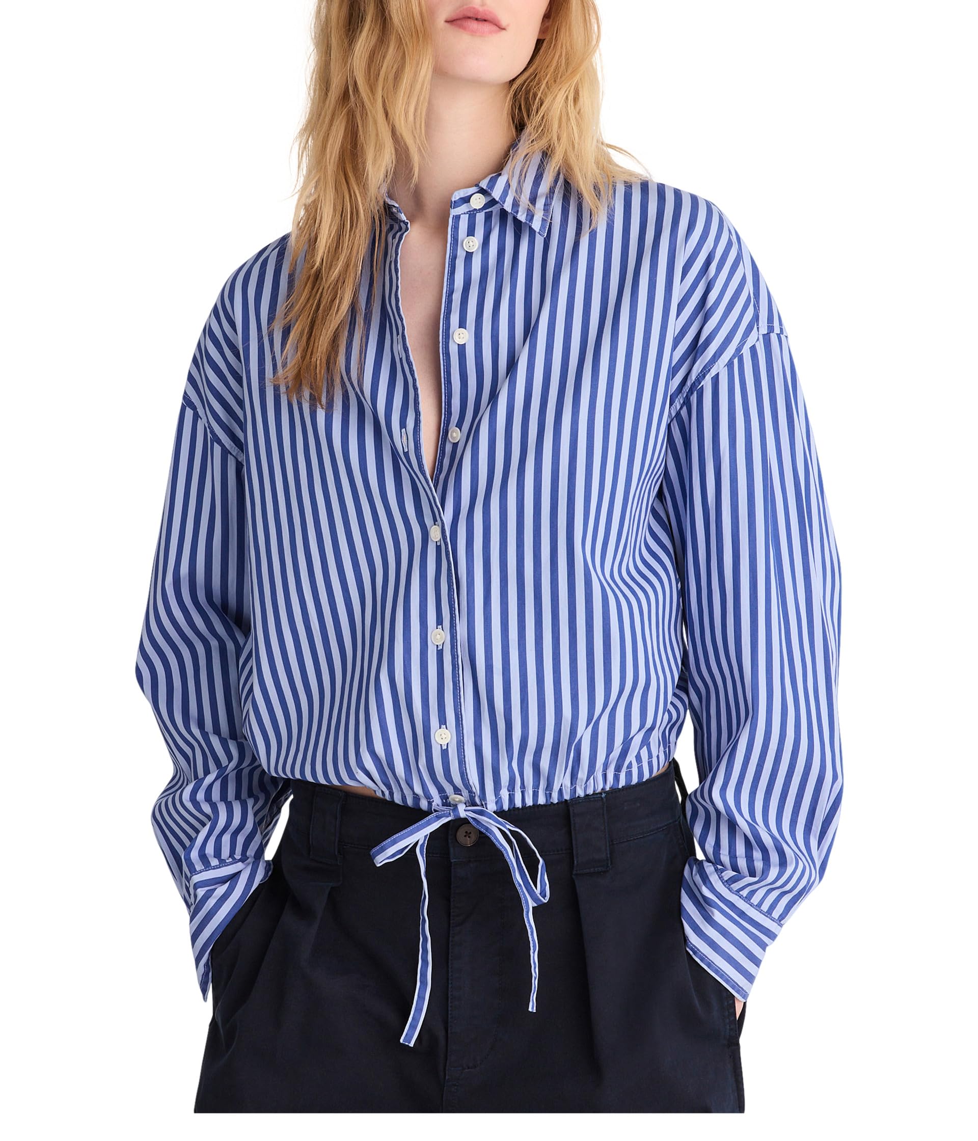 Drawstring Button-Up Shirt in Poplin