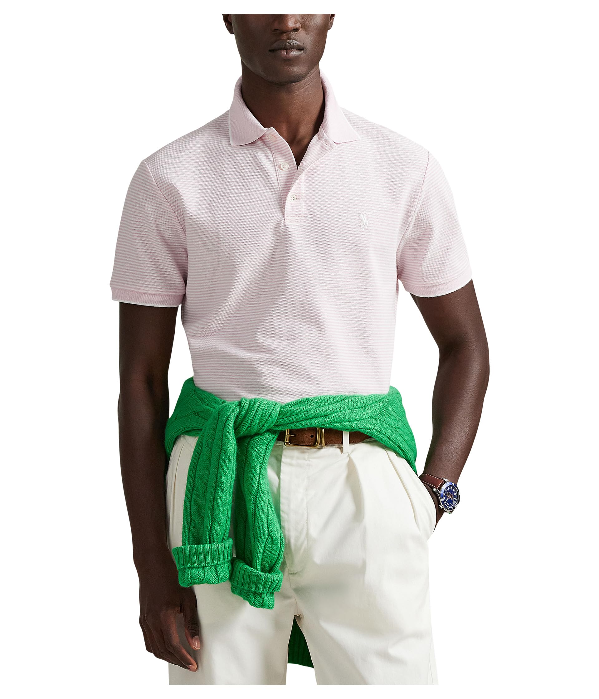 Custom Slim Striped Stretch Mesh Polo