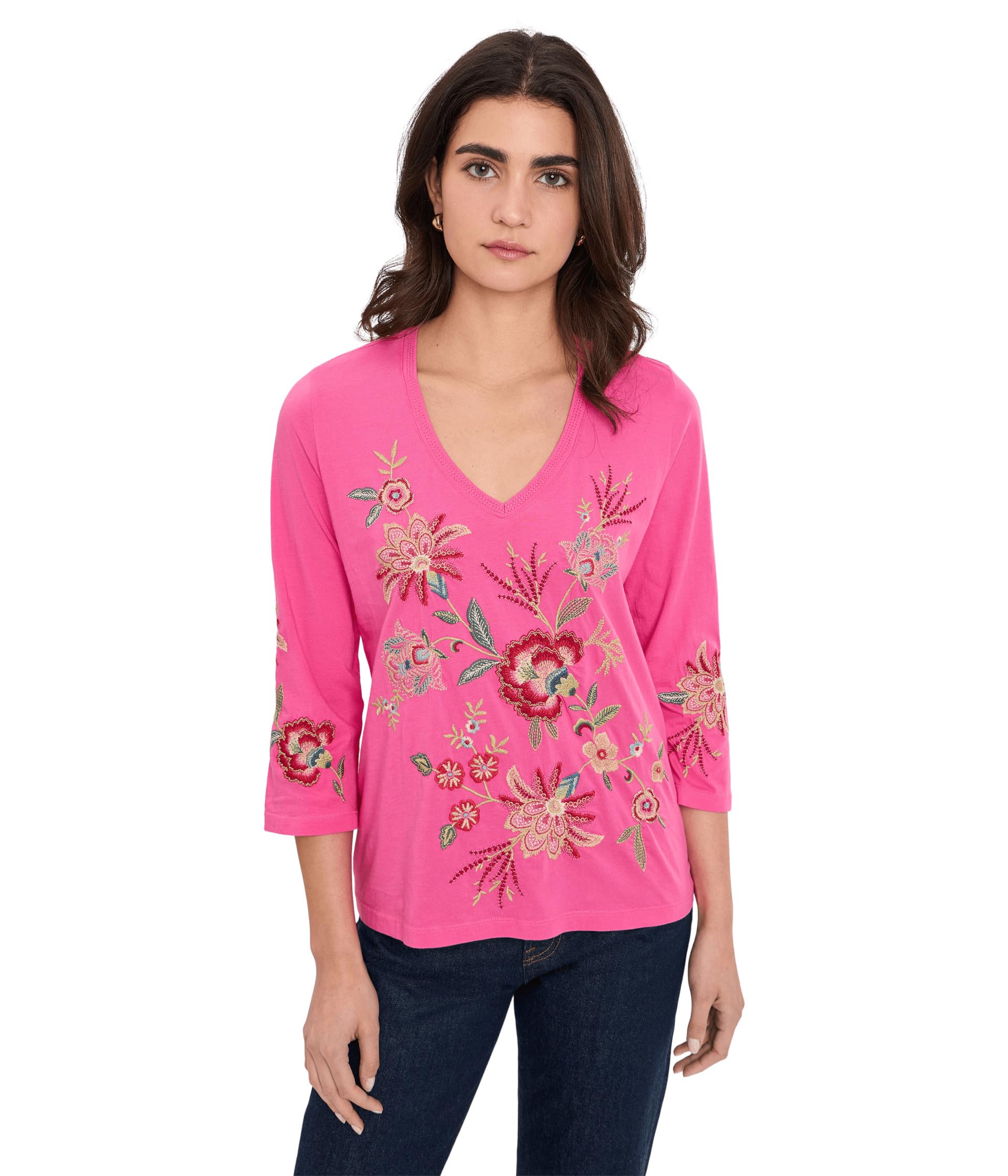 3/4 Sleeve Trapunto V-Neck Tee