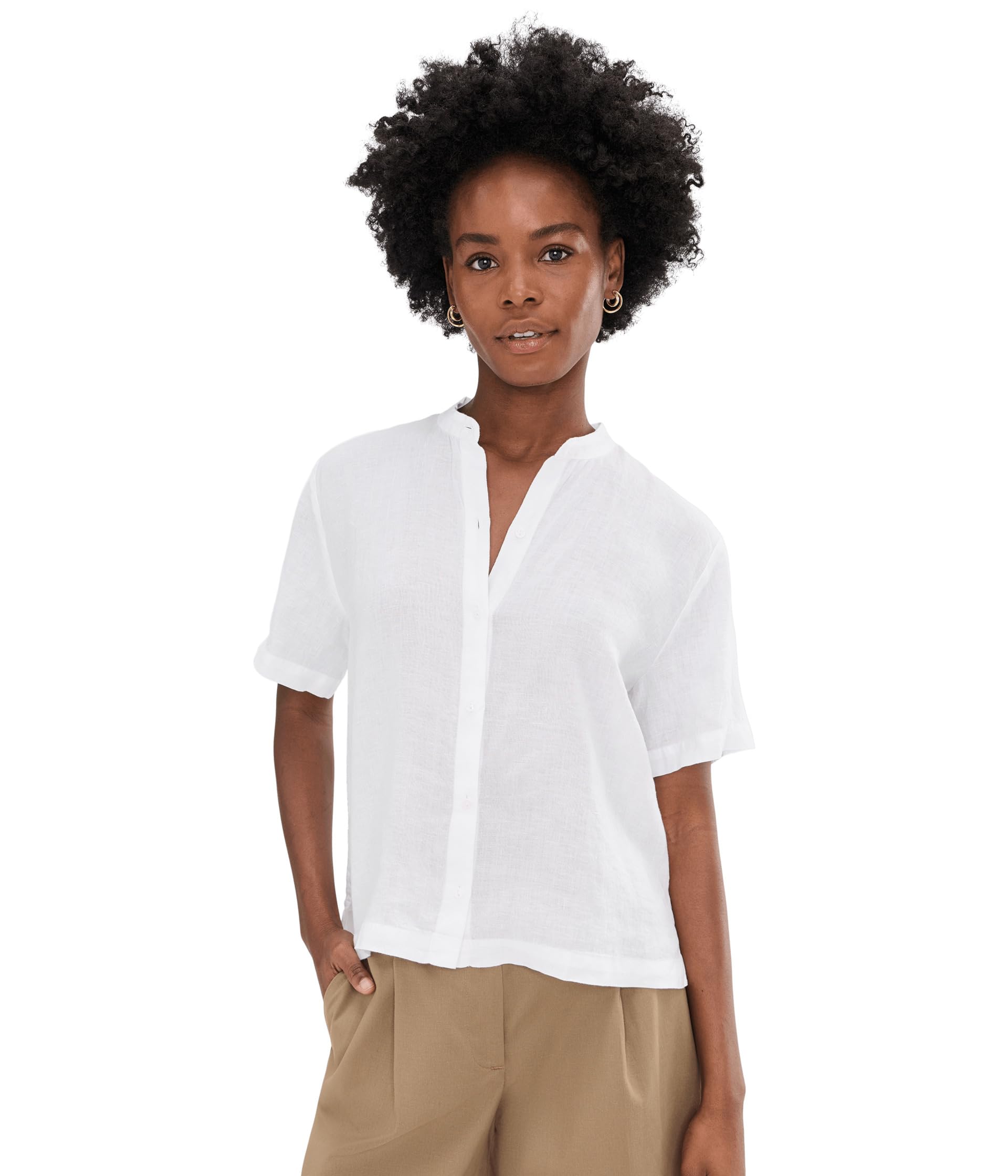 Organic Handkerchief Linen Mandarin Collar Short Sleeve Shirt