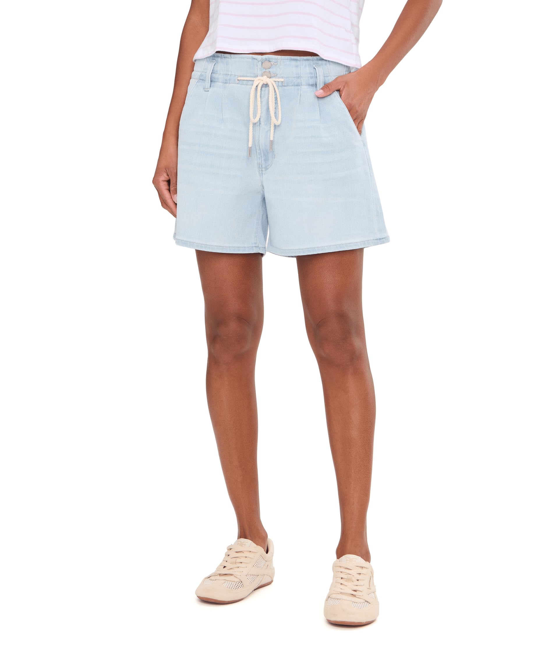 5" Mid-Rise Tie Front Denim Shorts with Pleats