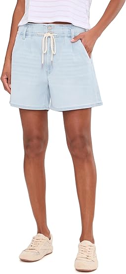 5" Mid-Rise Tie Front Denim Shorts with Pleats