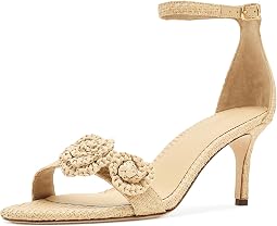 Allie Mid-Heel Floral-Trim Raffia Sandals