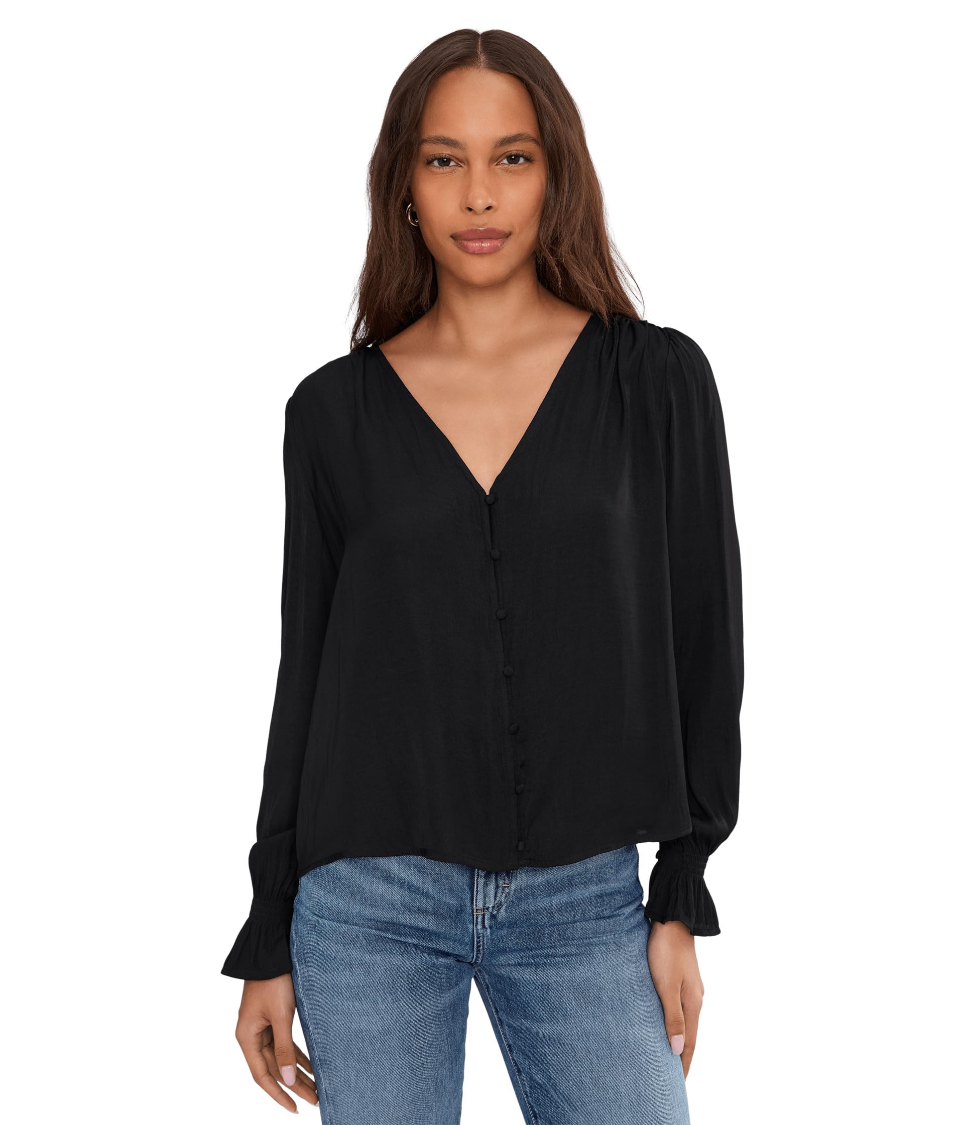 Long Sleeve Button Front Woven Top With Smocking