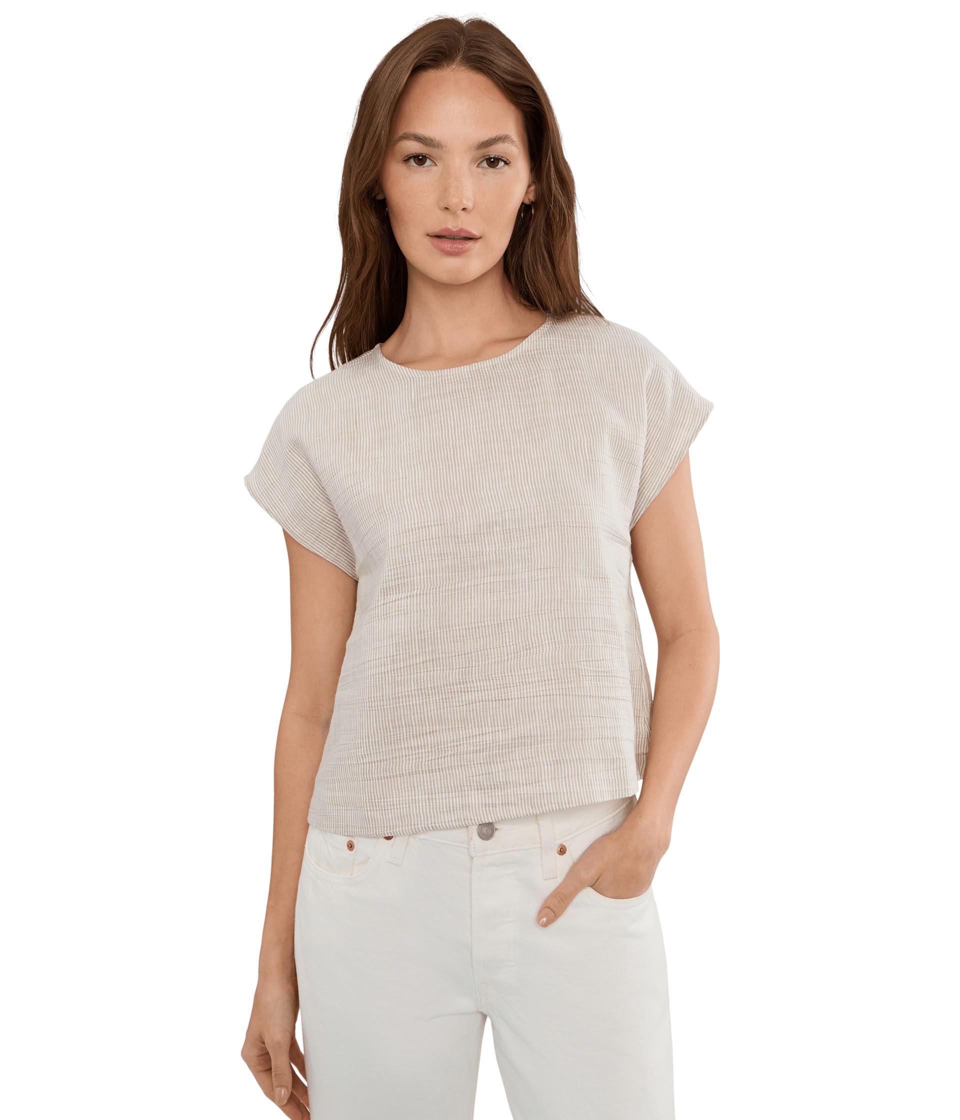 Petite Striped Organic Linen Sheen Round Neck Top