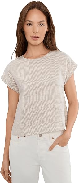Petite Striped Organic Linen Sheen Round Neck Top