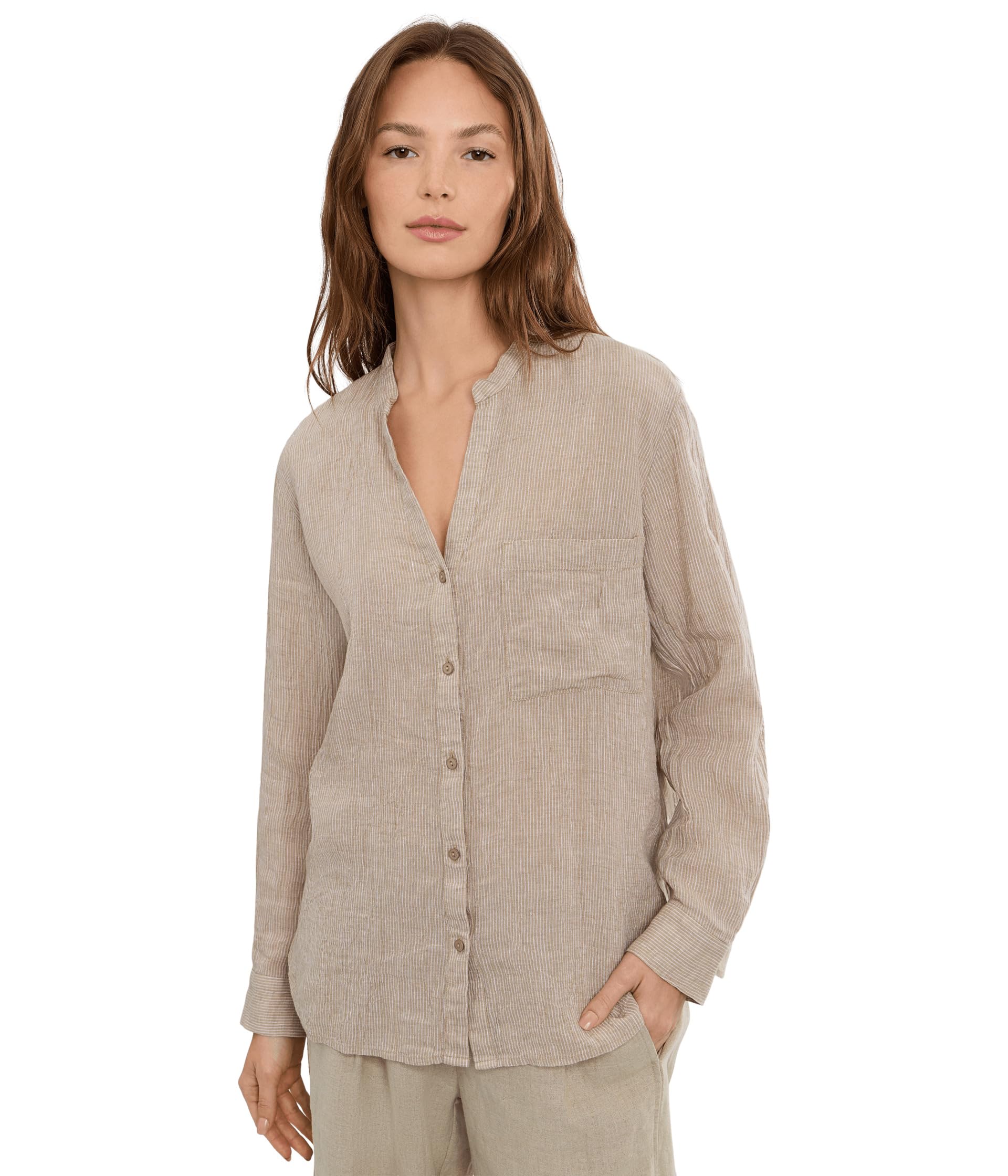 Puckered Organic Linen Stripe Mandarin Collar Shirt