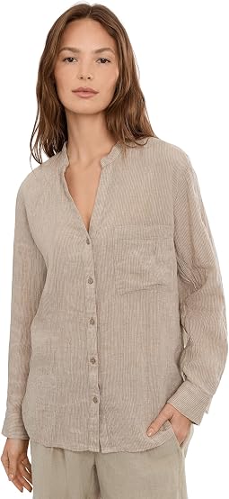 Puckered Organic Linen Stripe Mandarin Collar Shirt