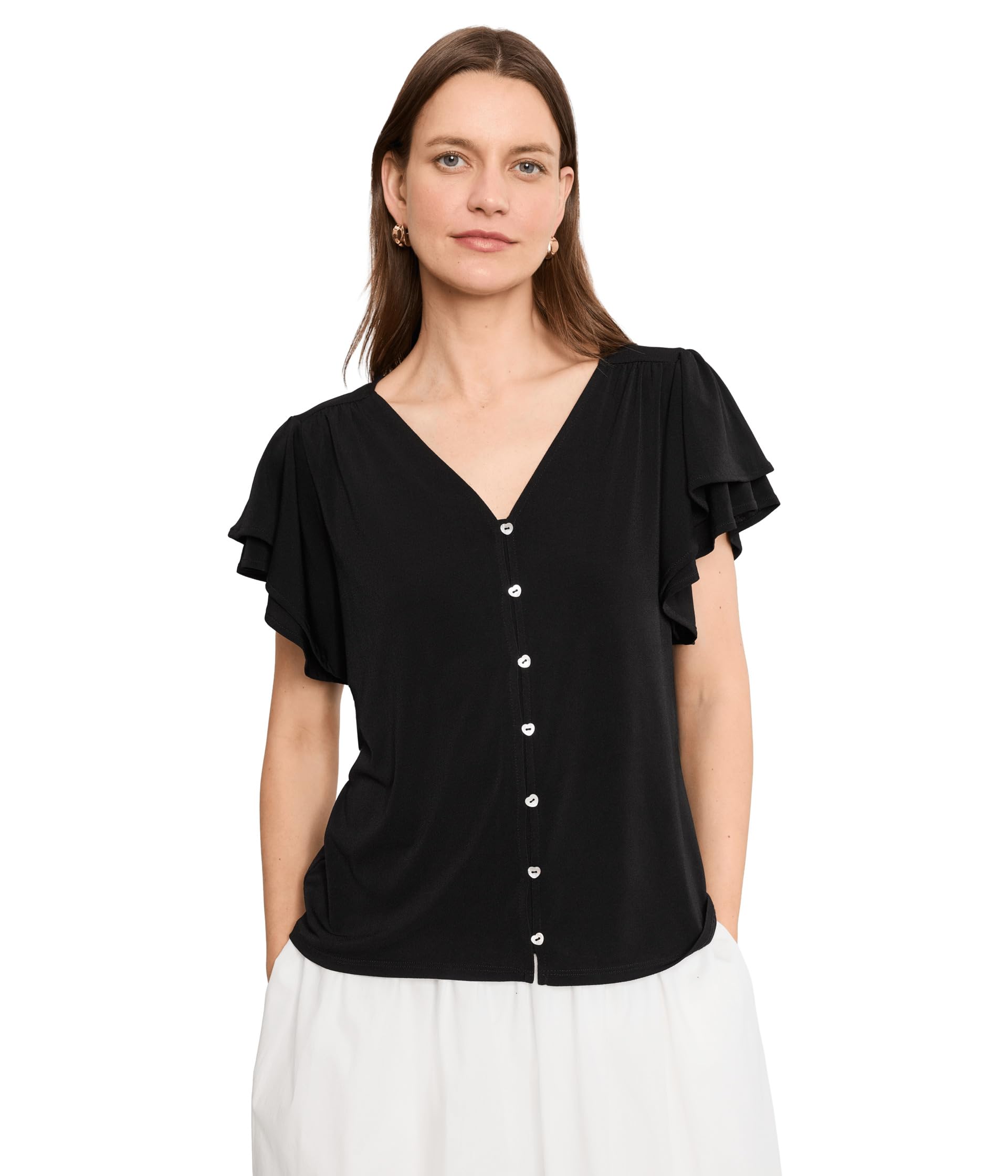 V-Neck Button Front Flutter Sleeve Top