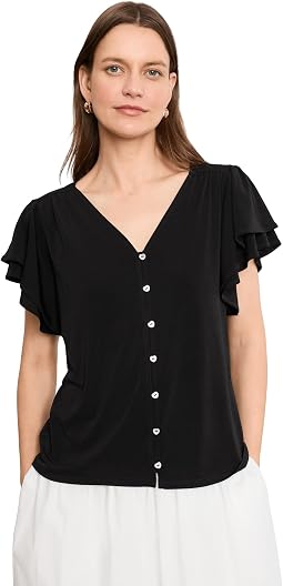V-Neck Button Front Flutter Sleeve Top