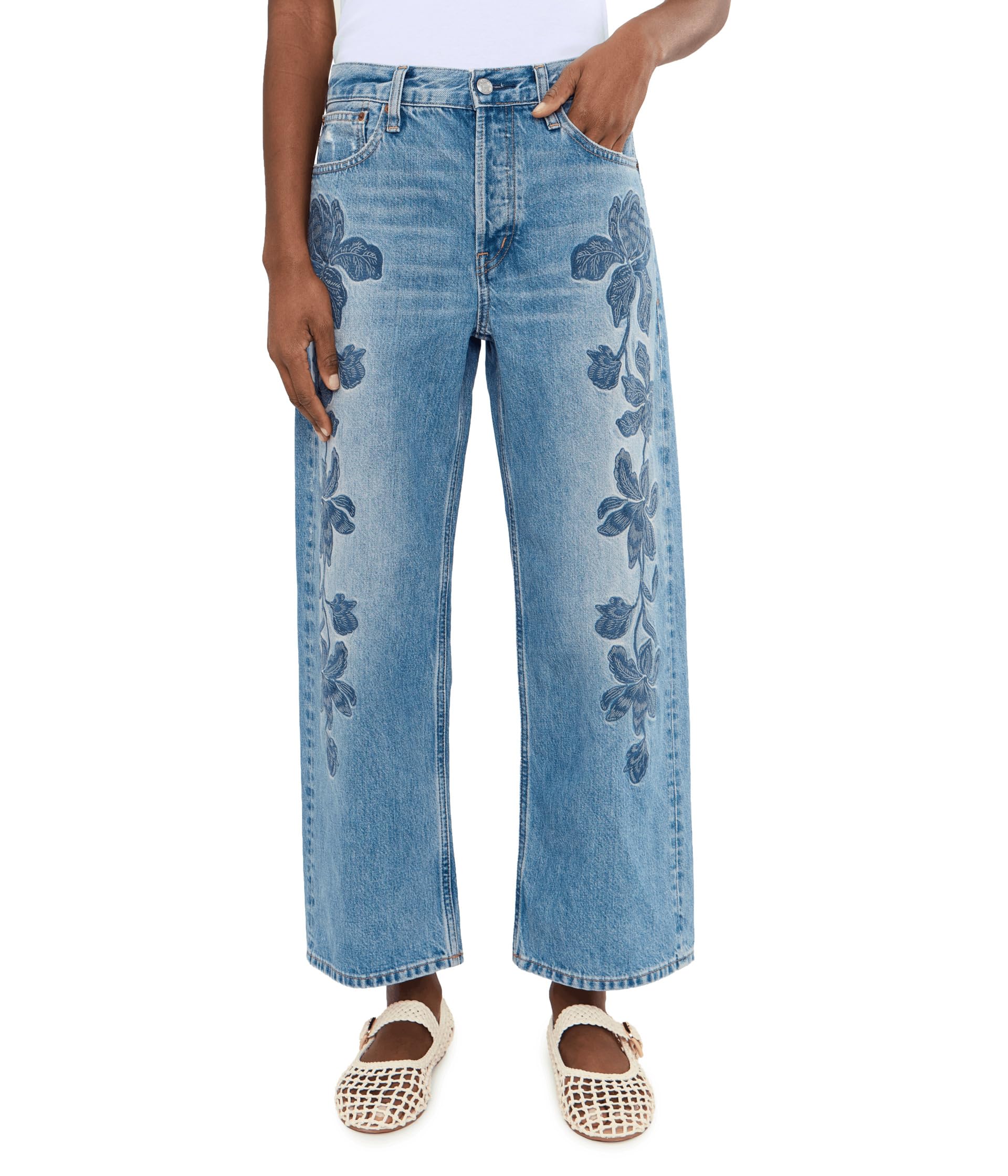 Embroidered Low Slung Baggy Crop in Worn