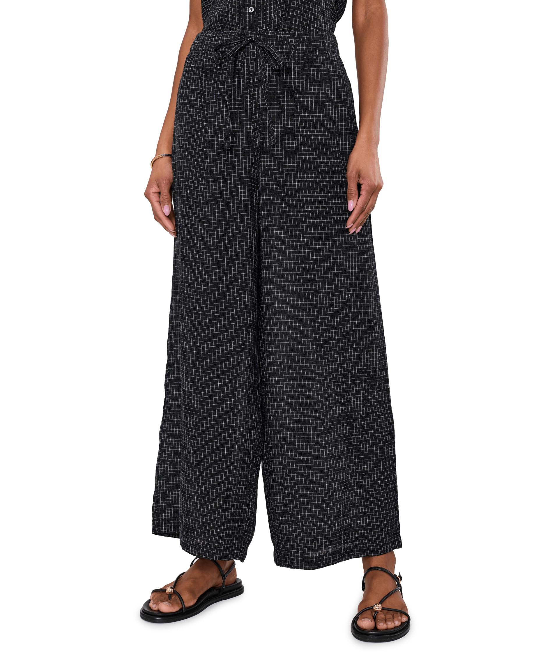 Puckered Organic Linen Grid Wide Ankle Pants