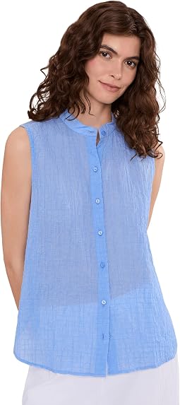 Cotton Microstripe Pucker Mandarin Collar Shirt