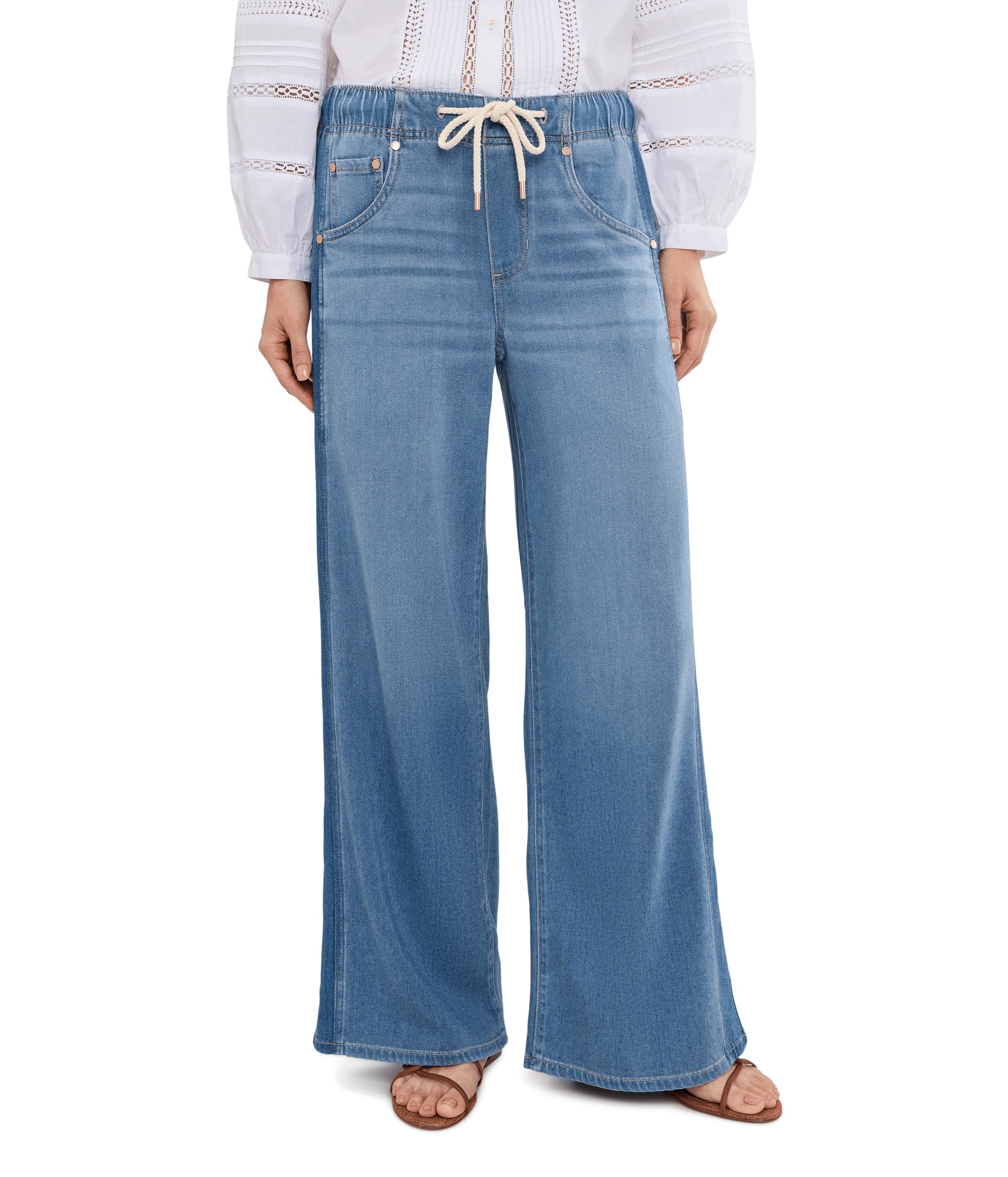 30" Mid-Rise Tie Front Shadow Stripe Pull-On Wide Leg Jeans