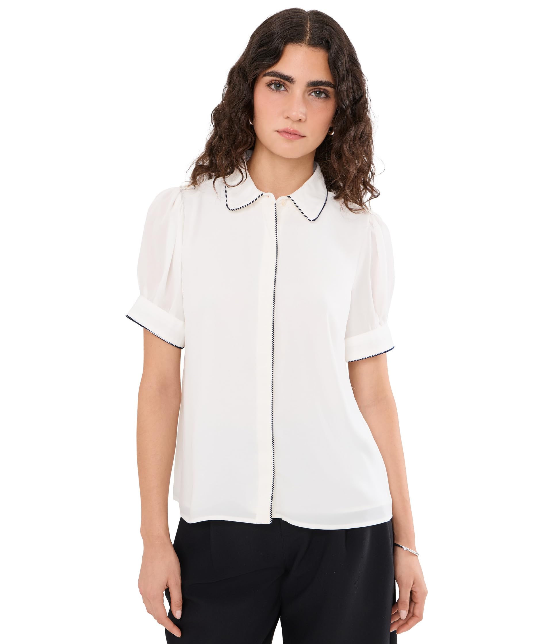 Женский топ CeCe Collared Contrast Stitch Trim Button Up Top