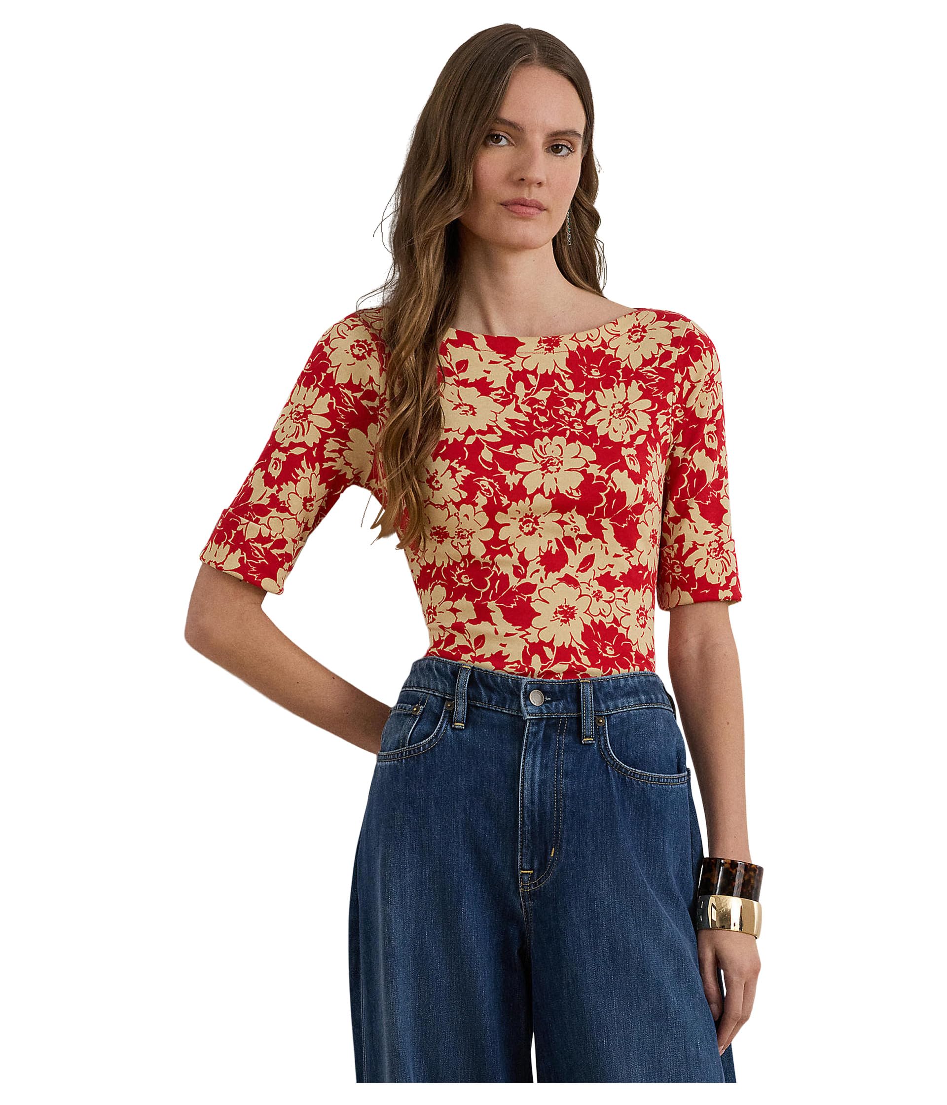 Floral Stretch Cotton Boatneck Tee