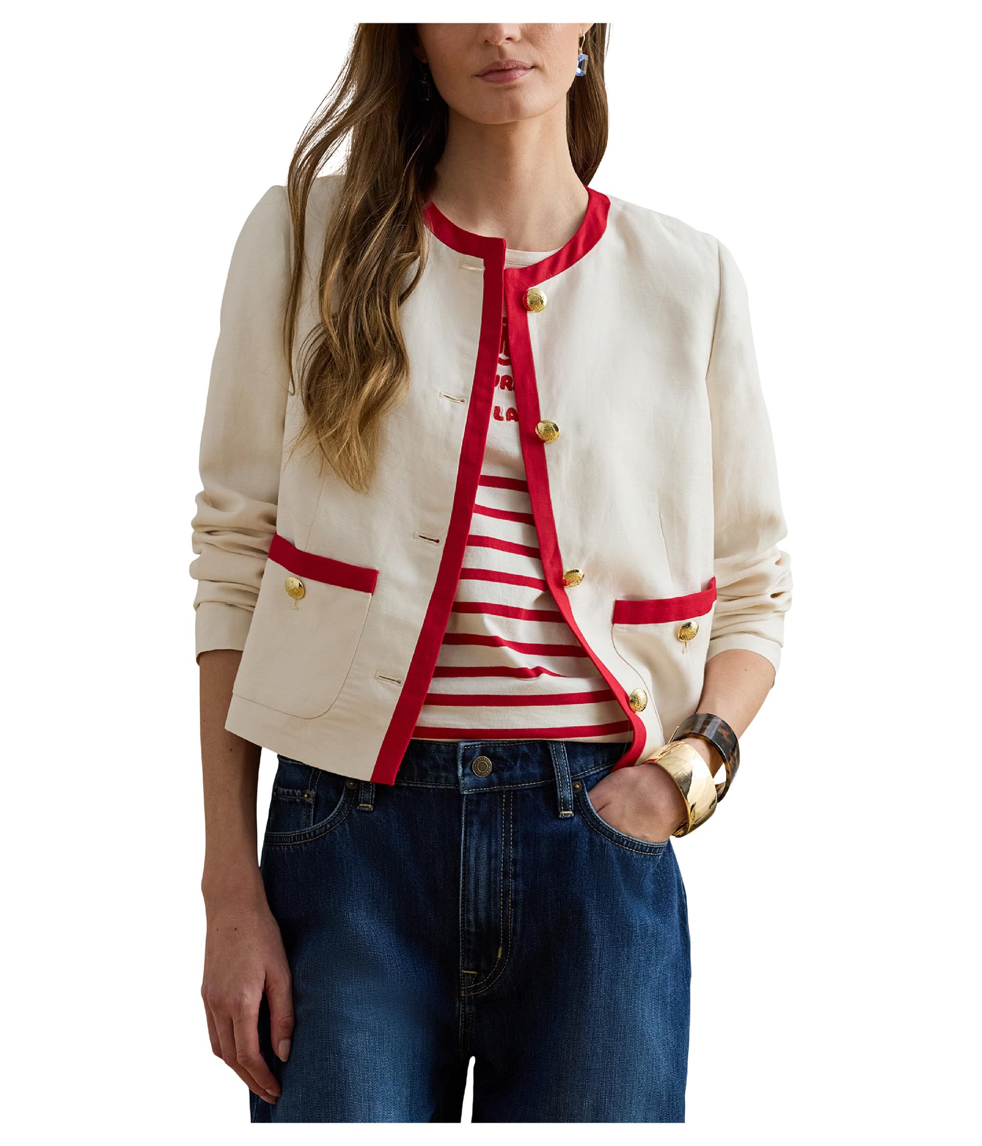 Two-Tone Linen-Blend Twill Blazer